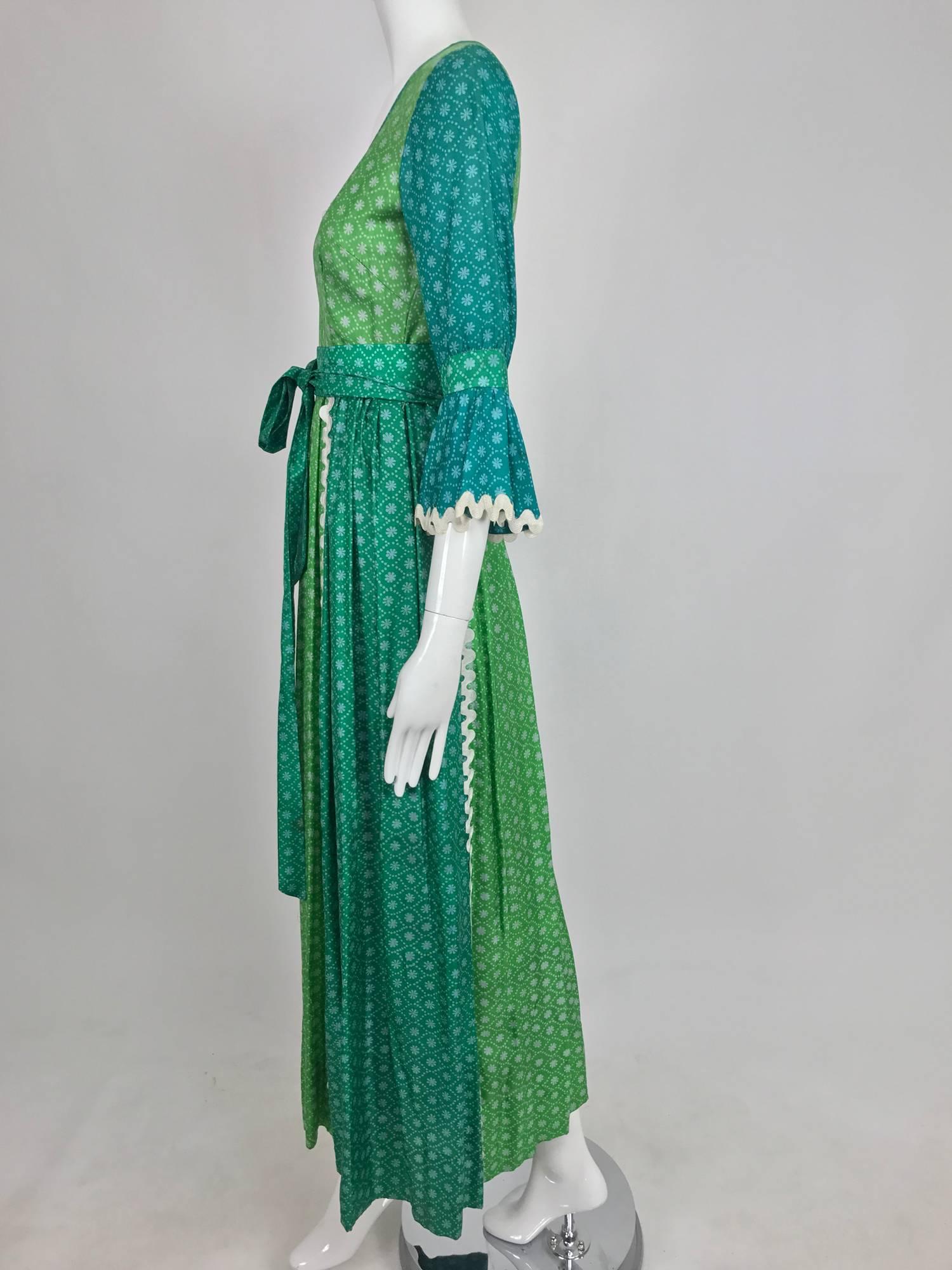 The Mirrors vintage aqua and green silk print maxi dress with white trim 1970s For Sale 1