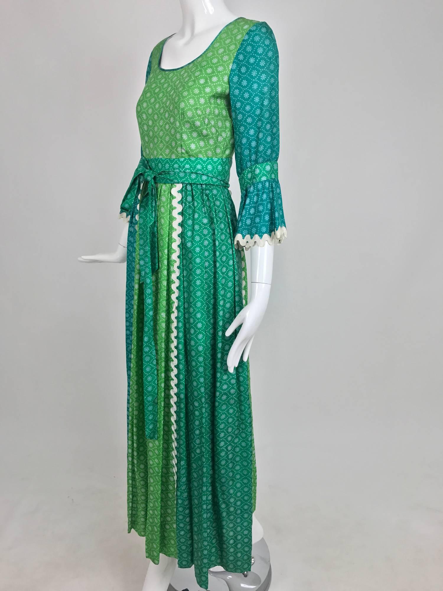 The Mirrors vintage aqua and green silk print maxi dress with white trim 1970s For Sale 2