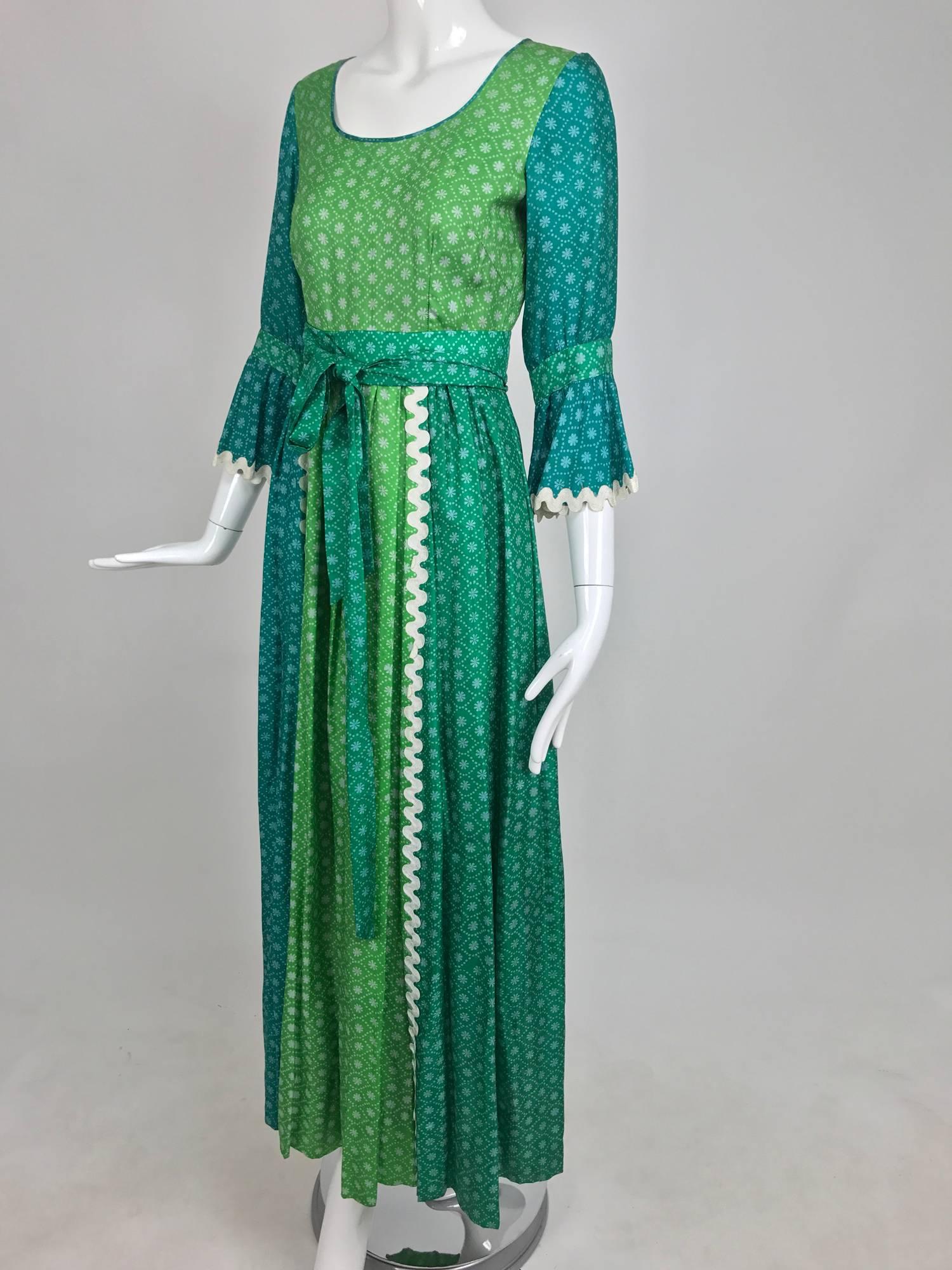 The Mirrors vintage aqua and green silk print maxi dress with white trim 1970s For Sale 3