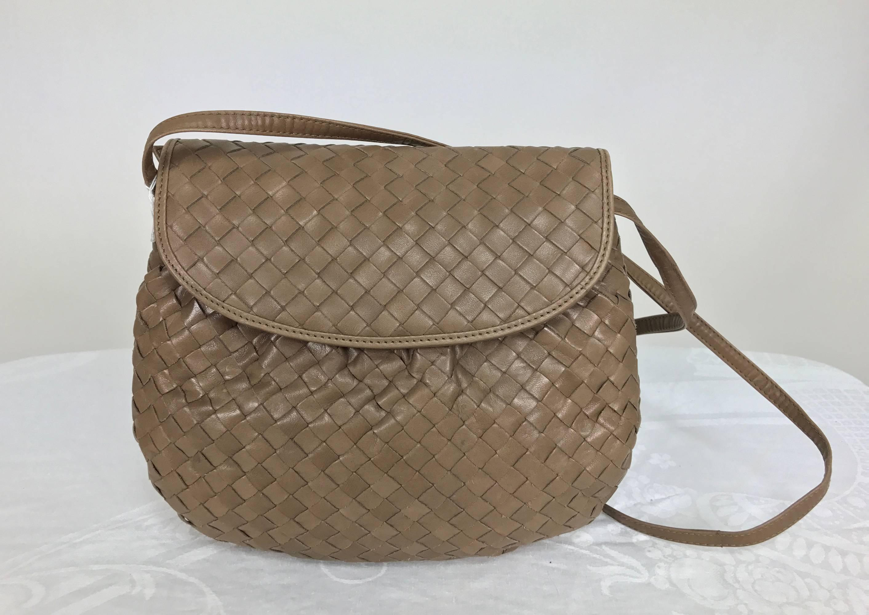 Bottega Veneta Intrecciato cocoa leather shoulder, clutch, handbag 1980s new with the original tags...Great size...Flap front bag is buttery soft...Gathered at each side for extra space inside...The shoulder strap can be removed or lengthened a bit