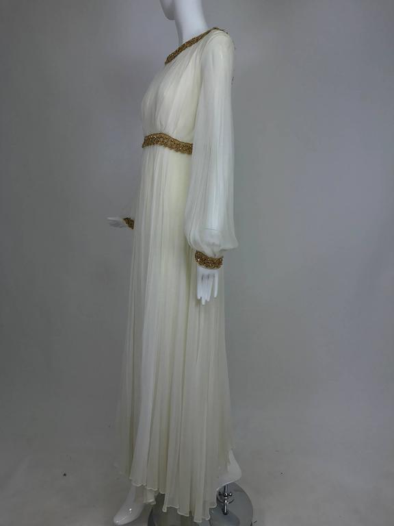 Vintage cream double layer silk chiffon maxi dress with gold braid trim ...