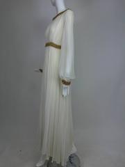 Vintage cream double layer silk chiffon maxi dress with gold braid trim 1970s