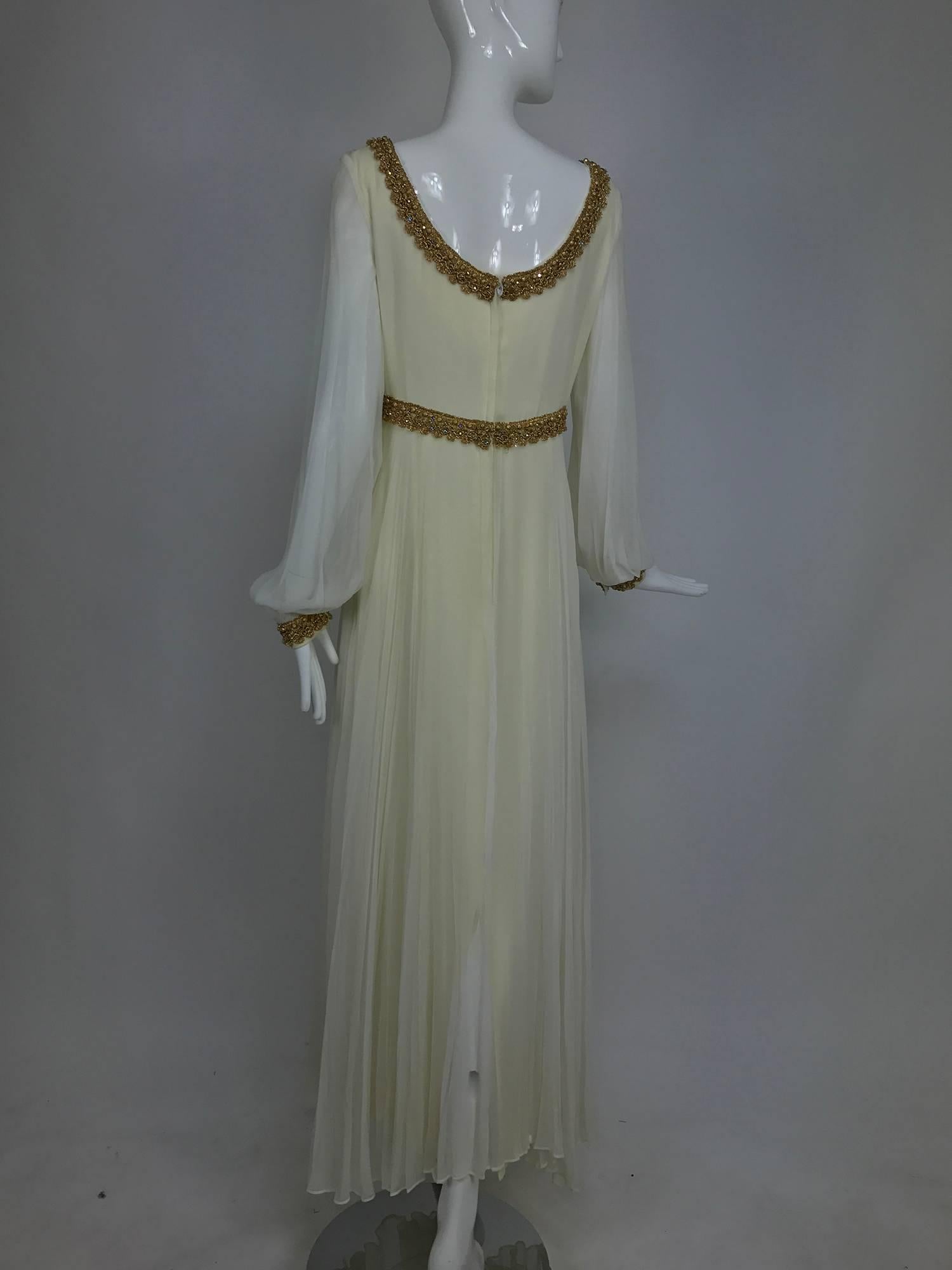 Gray Vintage cream double layer silk chiffon maxi dress with gold braid trim 1970s