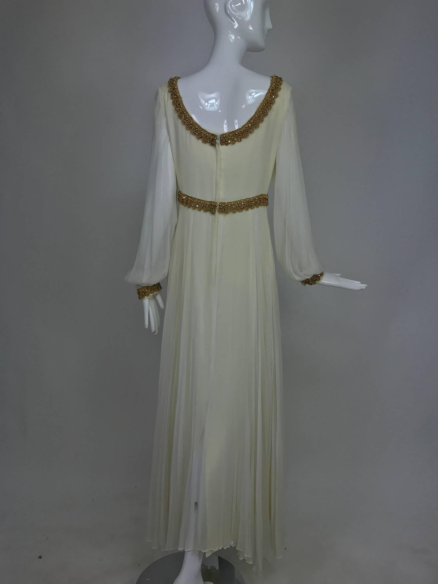 Vintage cream double layer silk chiffon maxi dress with gold braid trim 1970s In Excellent Condition In West Palm Beach, FL