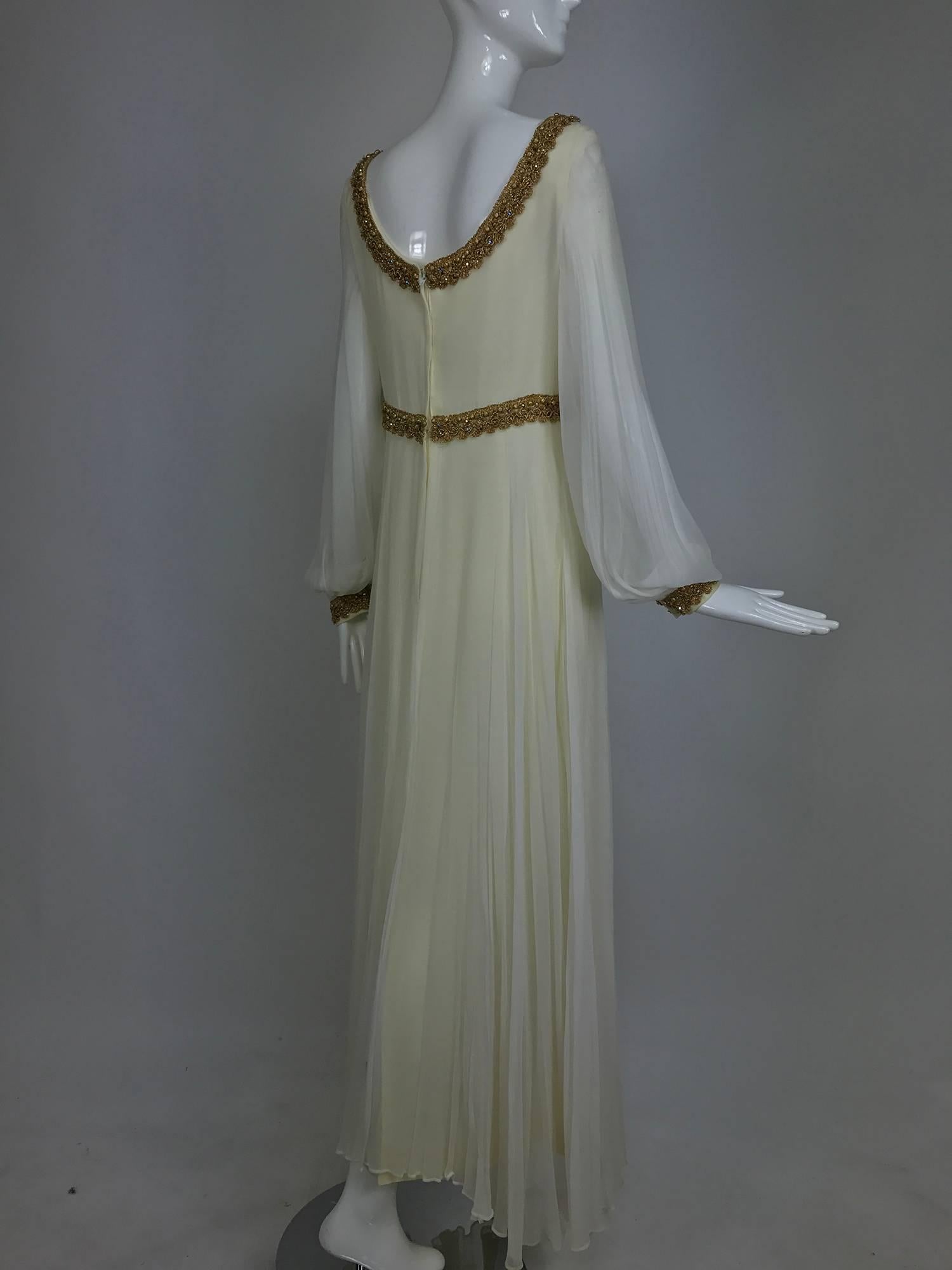 Women's Vintage cream double layer silk chiffon maxi dress with gold braid trim 1970s