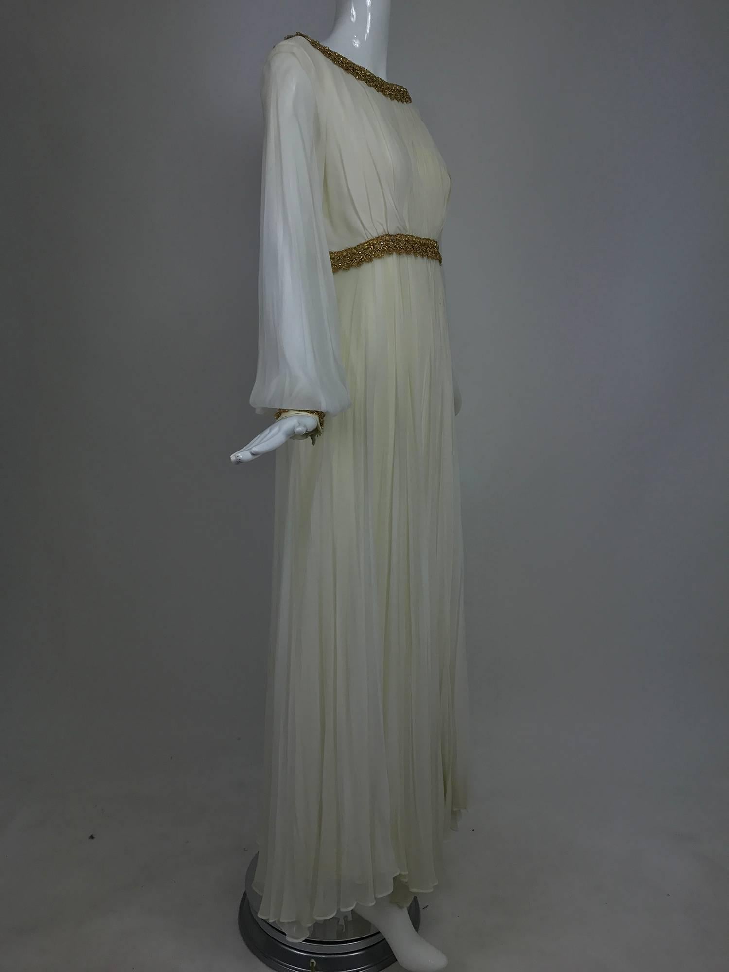 Vintage cream double layer silk chiffon maxi dress with gold braid trim 1970s 1