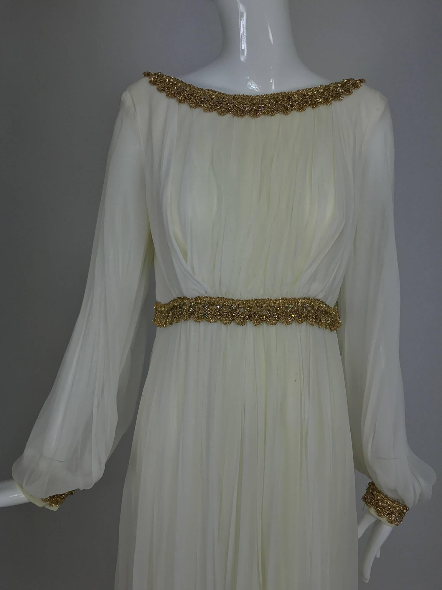 Vintage cream double layer silk chiffon maxi dress with gold braid trim 1970s 2