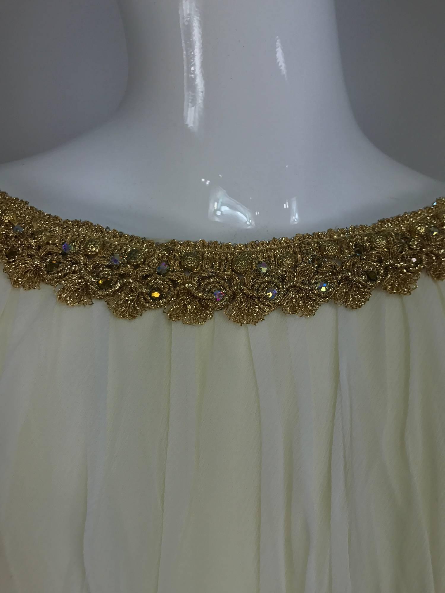 Vintage cream double layer silk chiffon maxi dress with gold braid trim 1970s 3