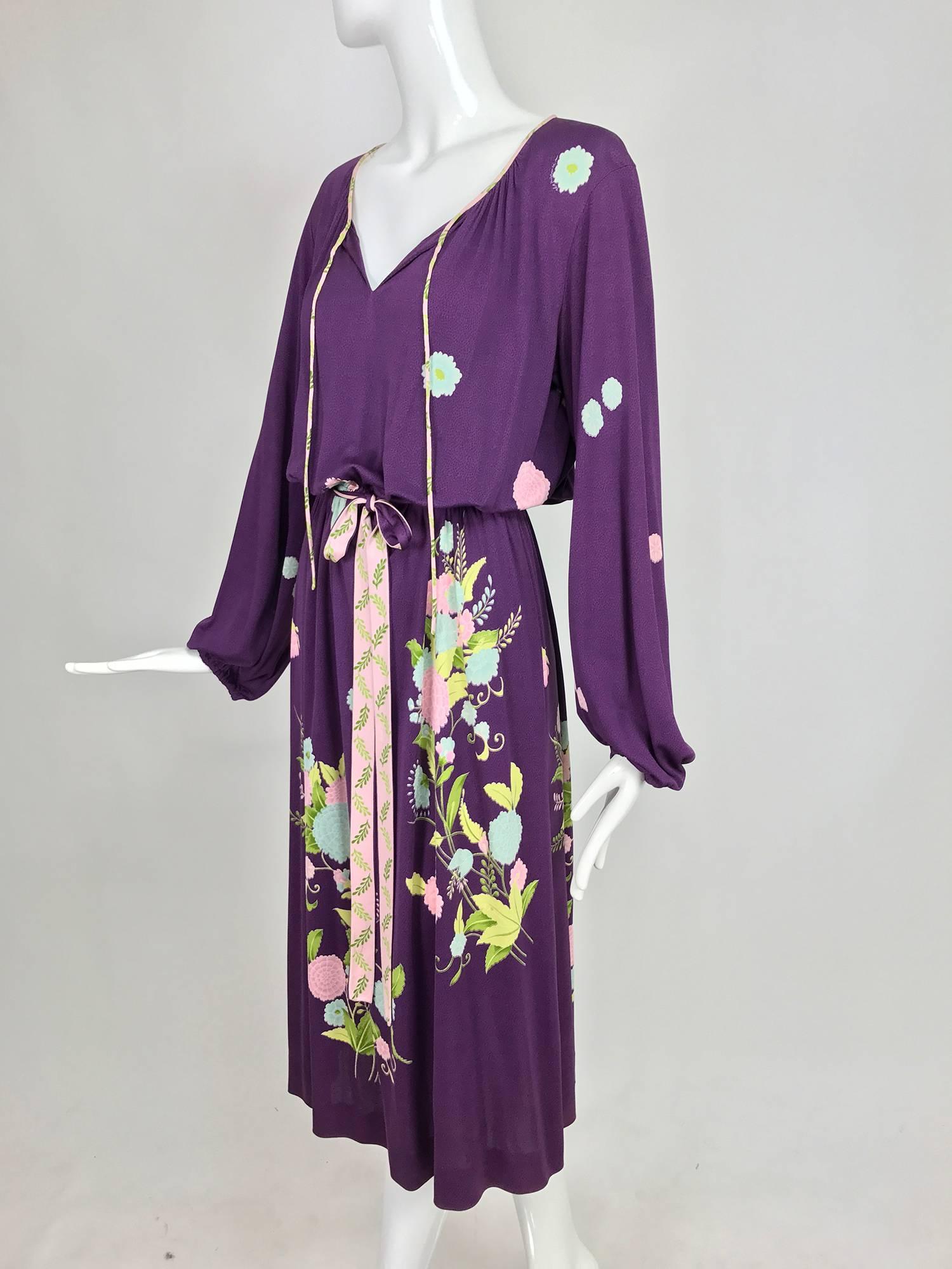 Vintage di Parisini of Santa Margherita aubergine silk print peasant dress early 1970s, designed by Gianni Versace one of his earliest design commissions...This easy to wear dress is fine silk jersey, with a neckline that closes with ties at the