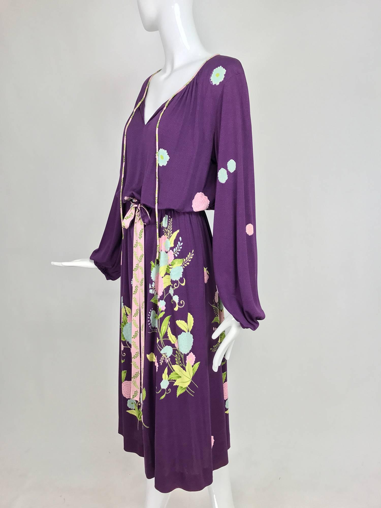 Purple Vintage di Parisini of Santa Margherita aubergine silk print peasant dress 1970s