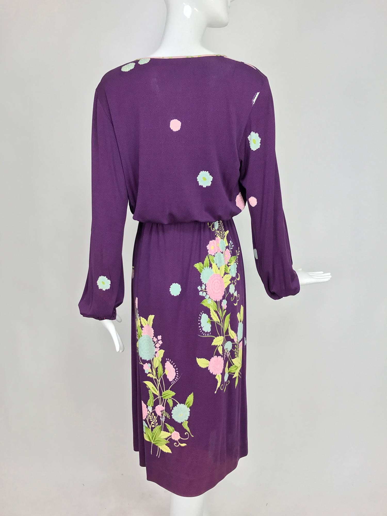 Vintage di Parisini of Santa Margherita aubergine silk print peasant dress 1970s 1