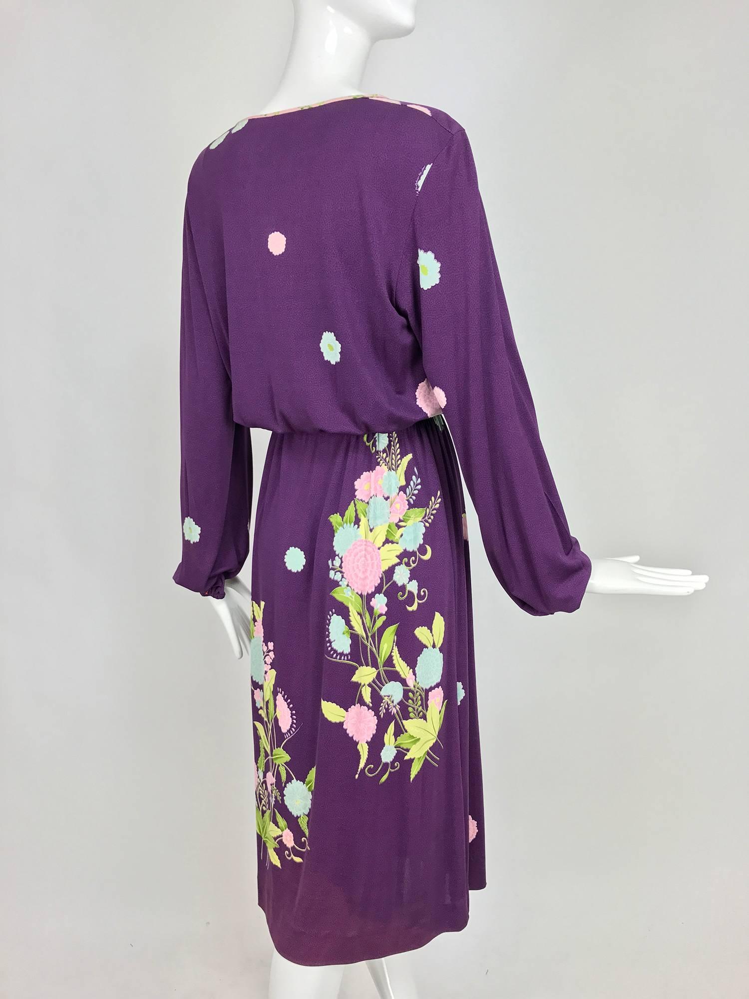 Vintage di Parisini of Santa Margherita aubergine silk print peasant dress 1970s 2