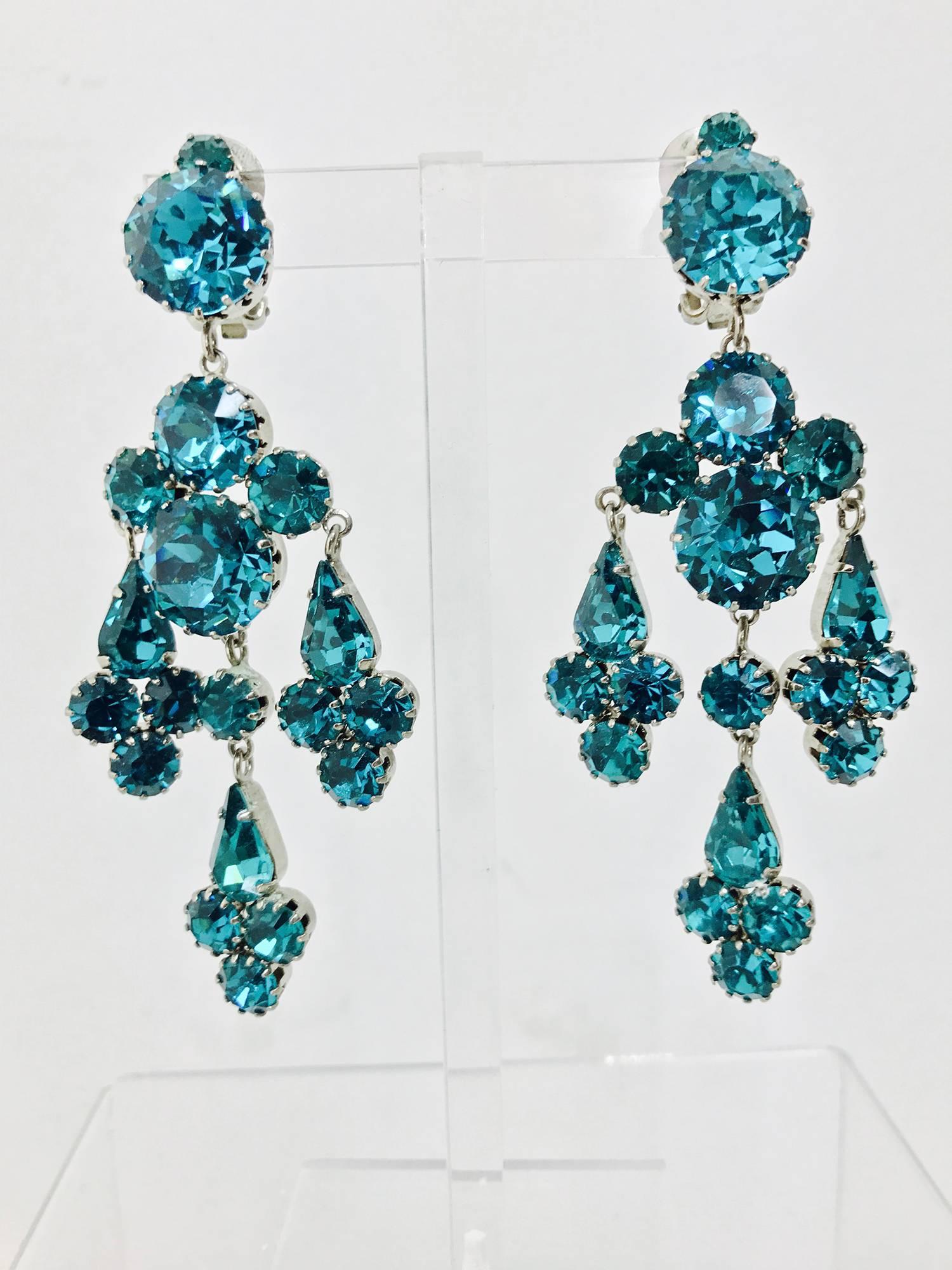 Beautiful turquoise crystal chandelier earrings, marked Made in Austria...Clip back, backs are silver metal...3 1/2