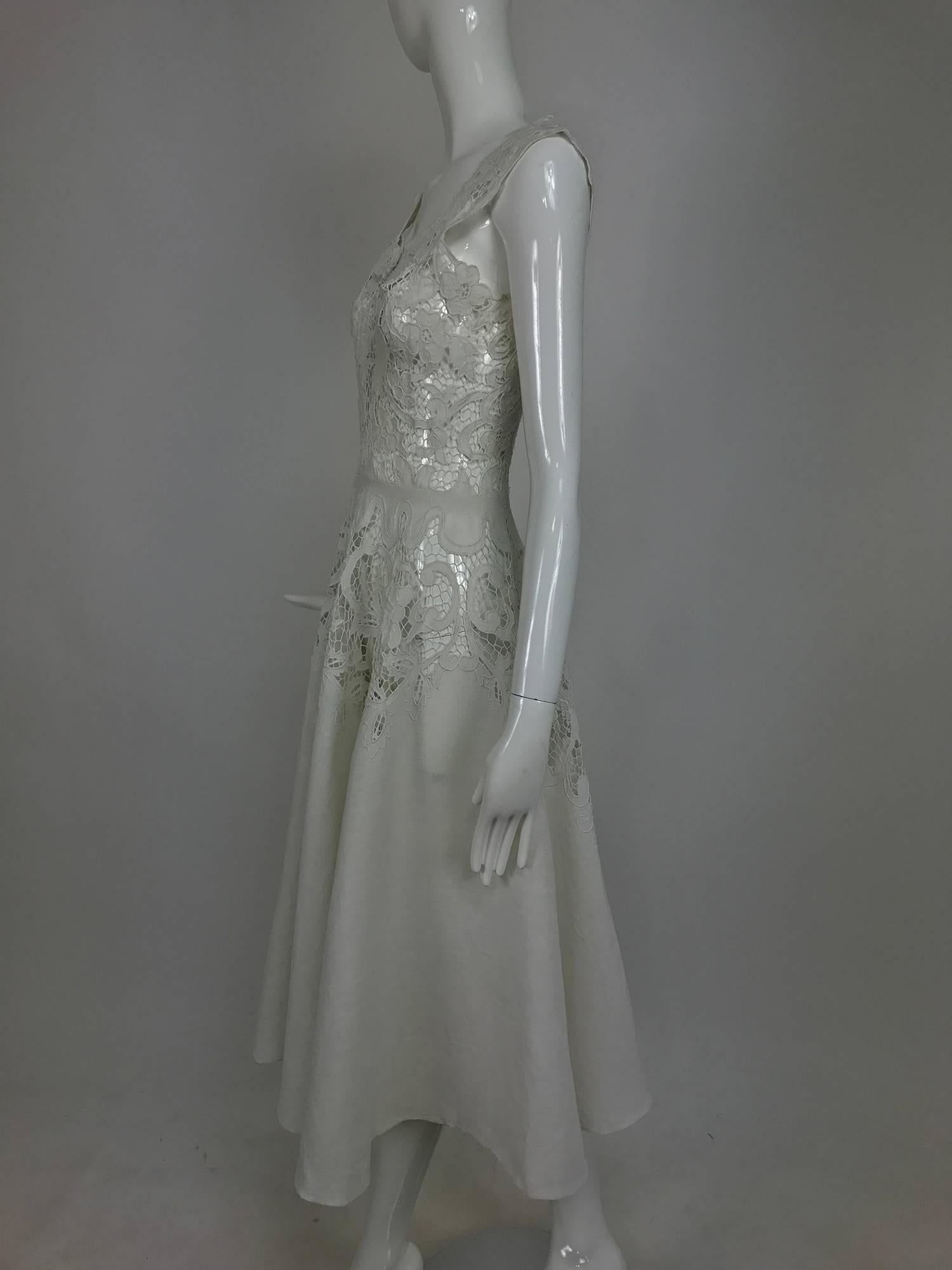 Women's Vintage Madeira cut work white linen dress with circle skirt 1950s
