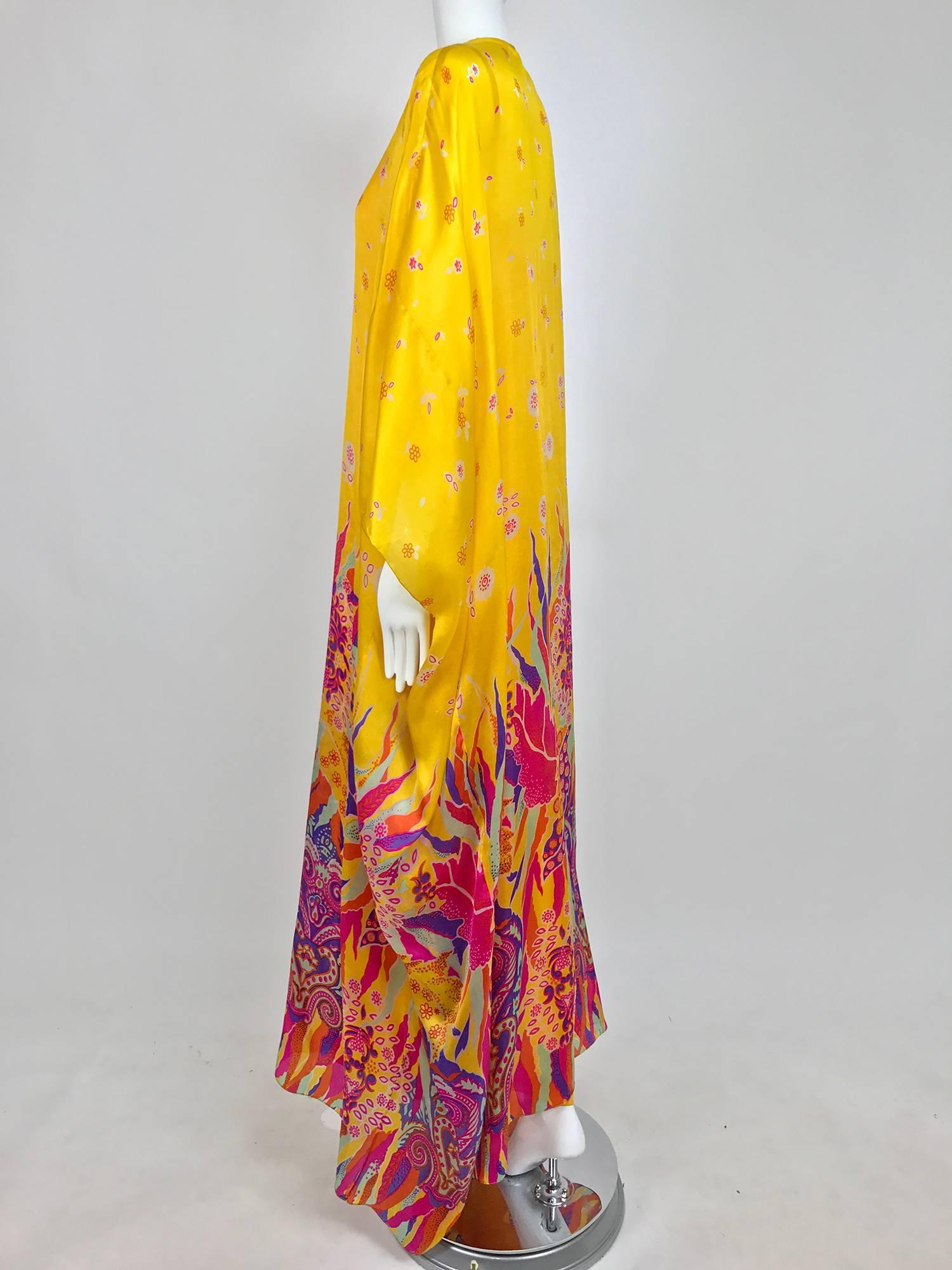 Vintage Oscar de la Renta bright tissue silk print caftan and dress 1970s 1
