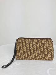 Vintage Christian Dior logo canvas zipper pouch with leather strap 1970s