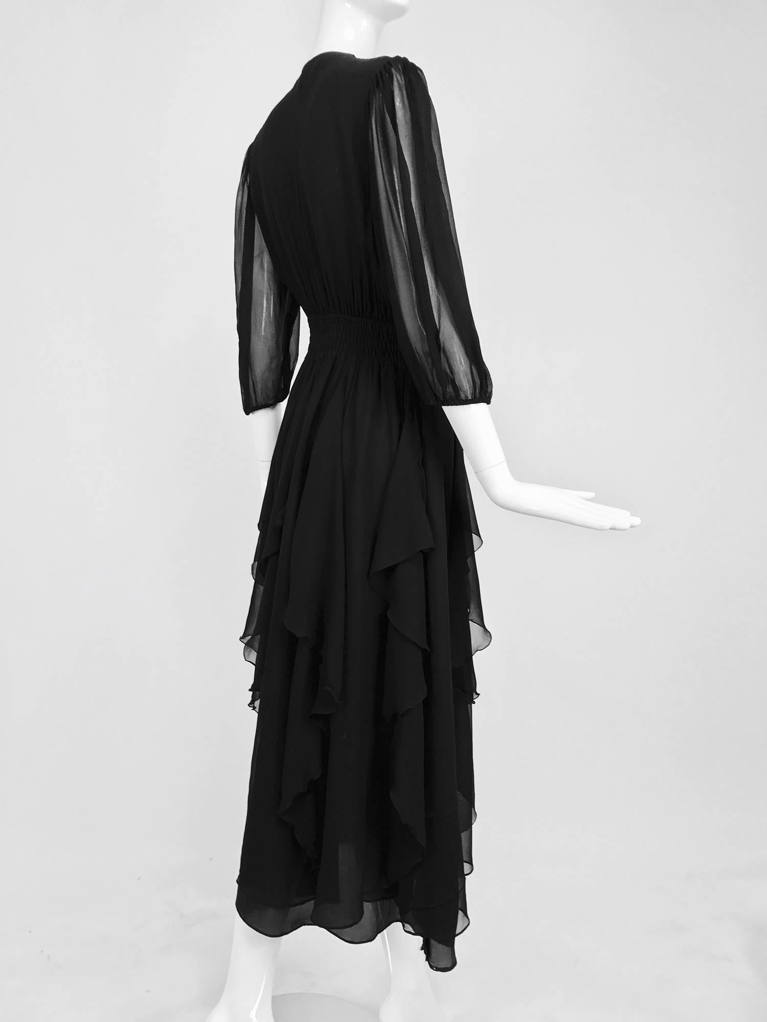 Black Vintage Diane Fres black silk chiffon ruffle trim v neck dress 1970s