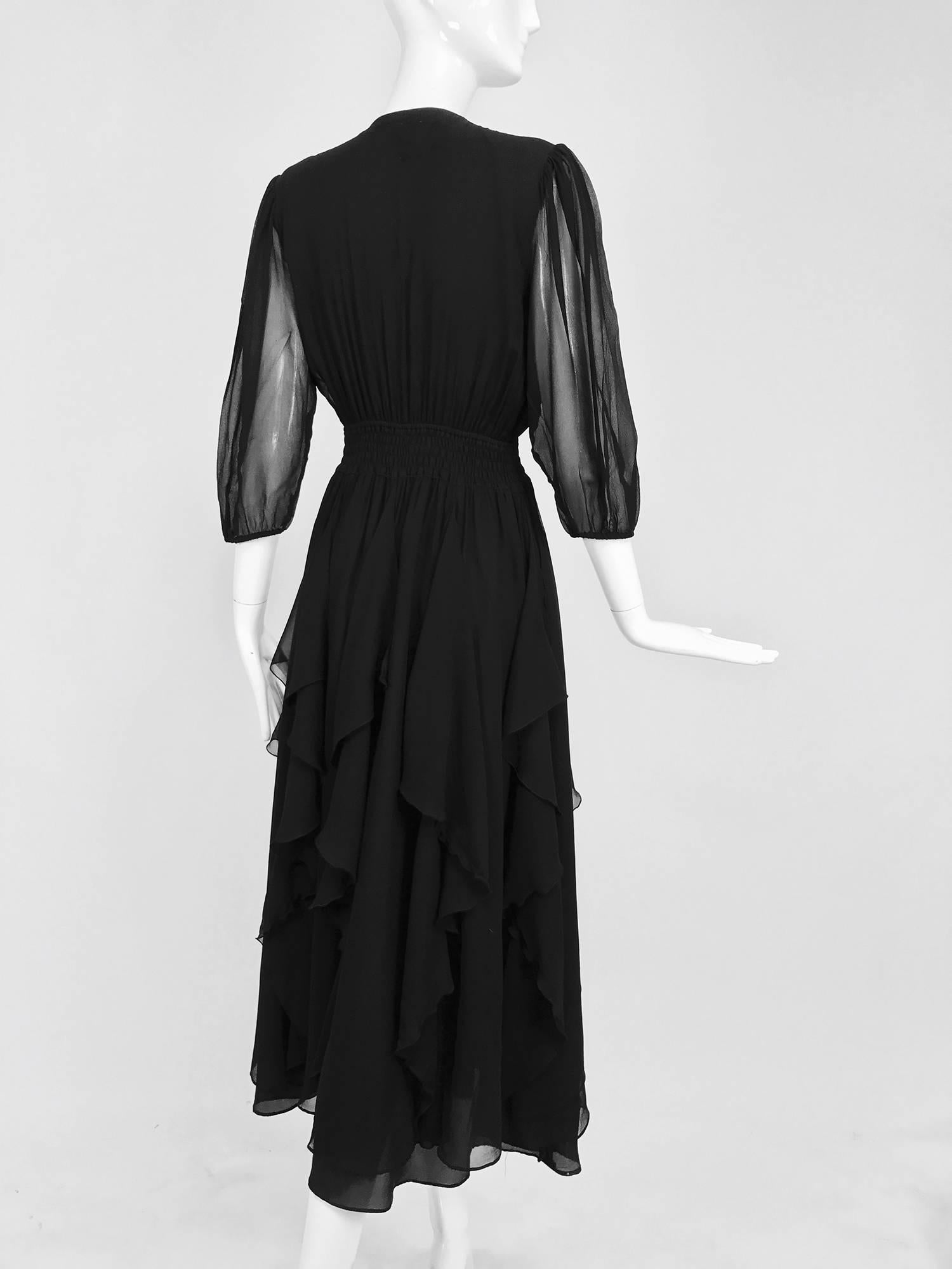 Vintage Diane Fres black silk chiffon ruffle trim v neck dress 1970s In Excellent Condition In West Palm Beach, FL