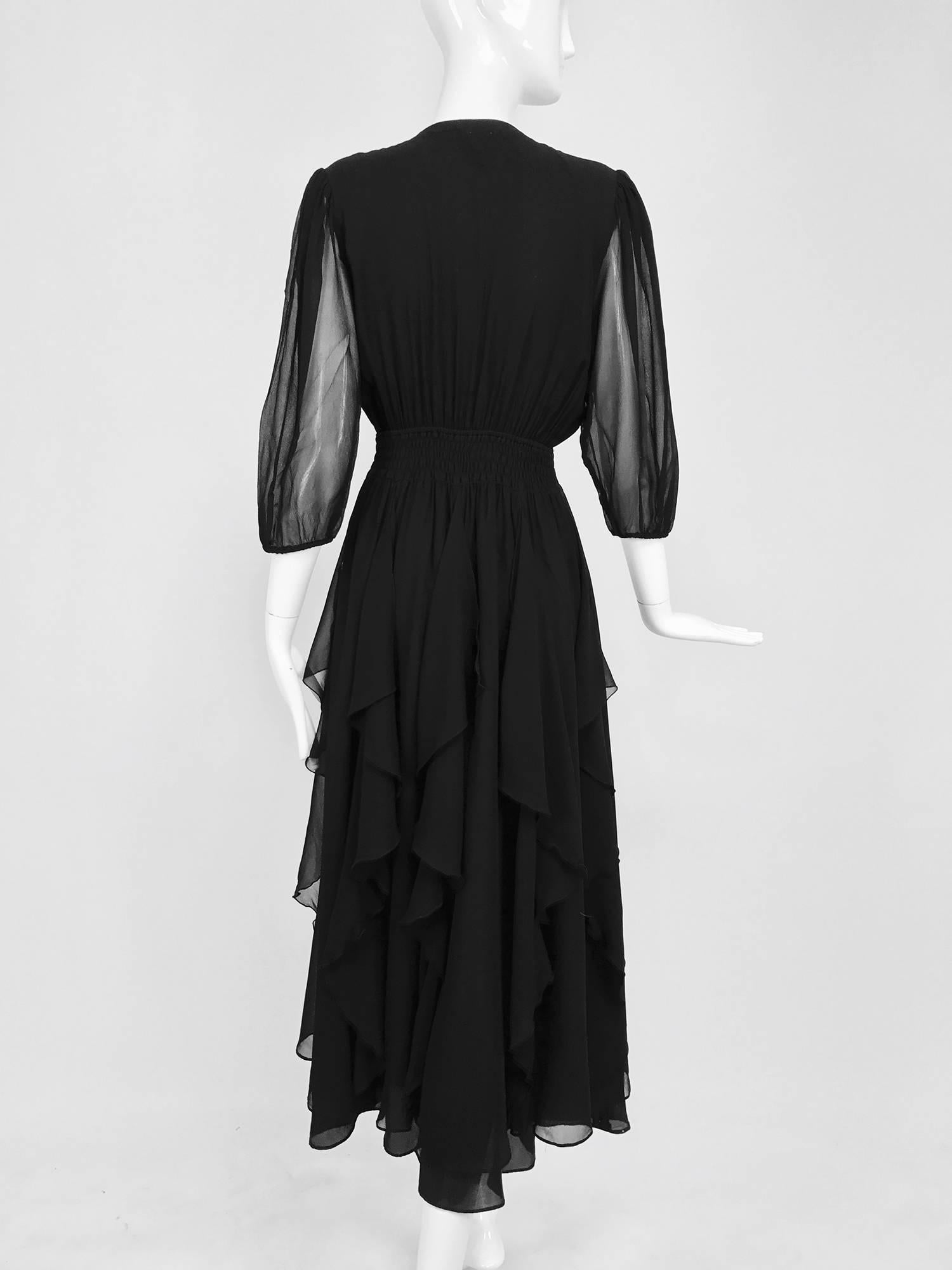 Women's Vintage Diane Fres black silk chiffon ruffle trim v neck dress 1970s