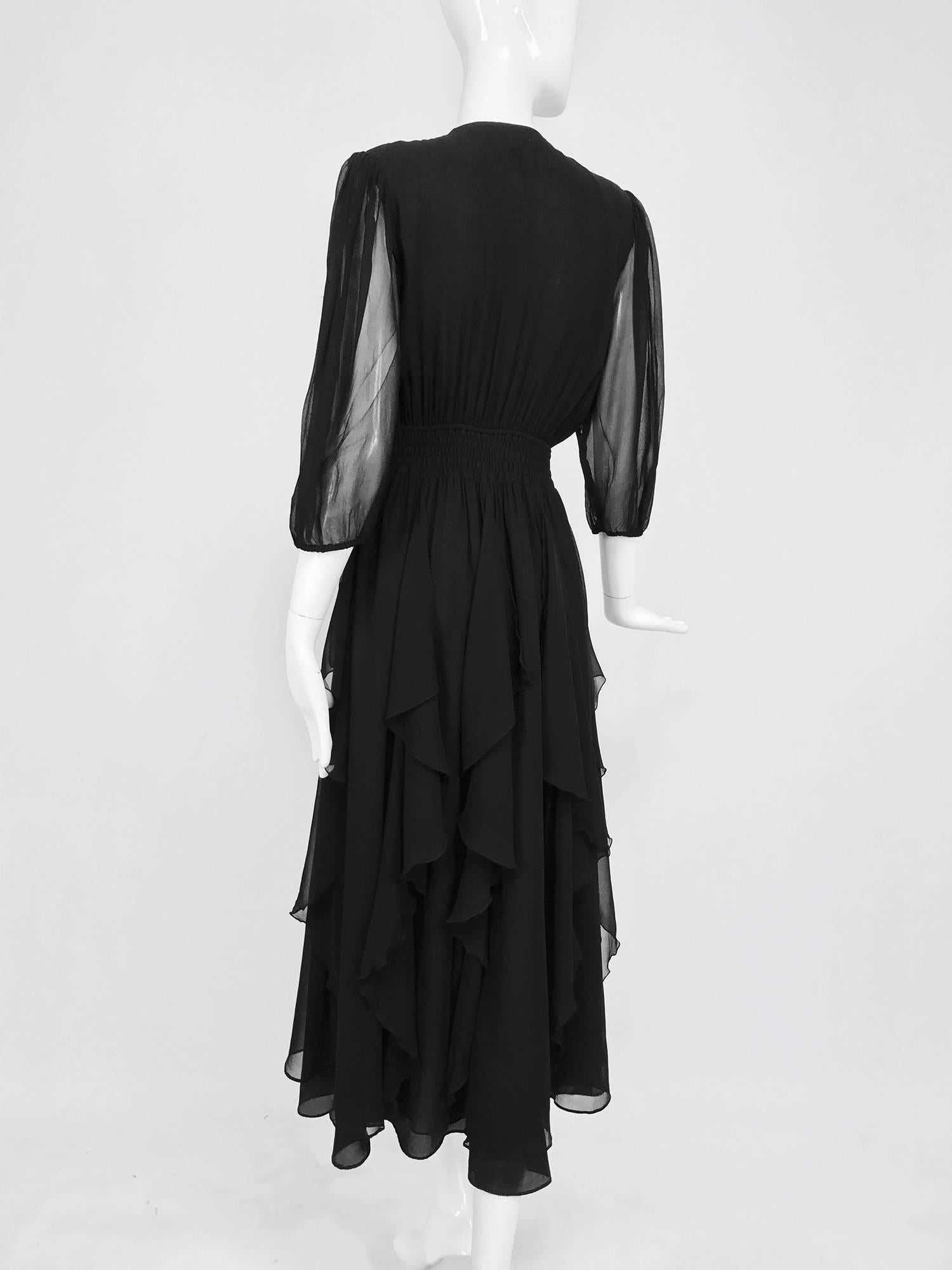 Vintage Diane Fres black silk chiffon ruffle trim v neck dress 1970s 1