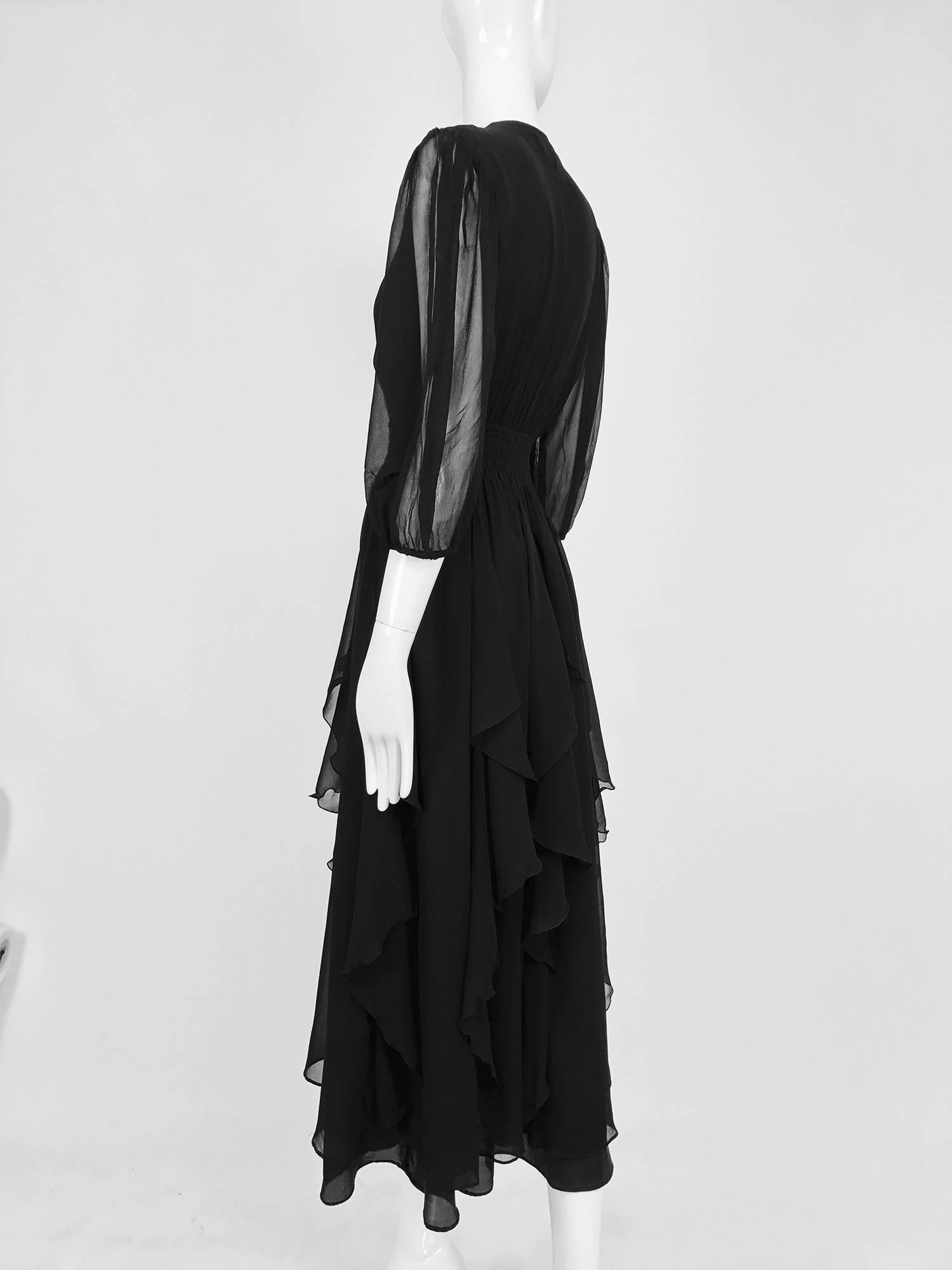 Vintage Diane Fres black silk chiffon ruffle trim v neck dress 1970s 2