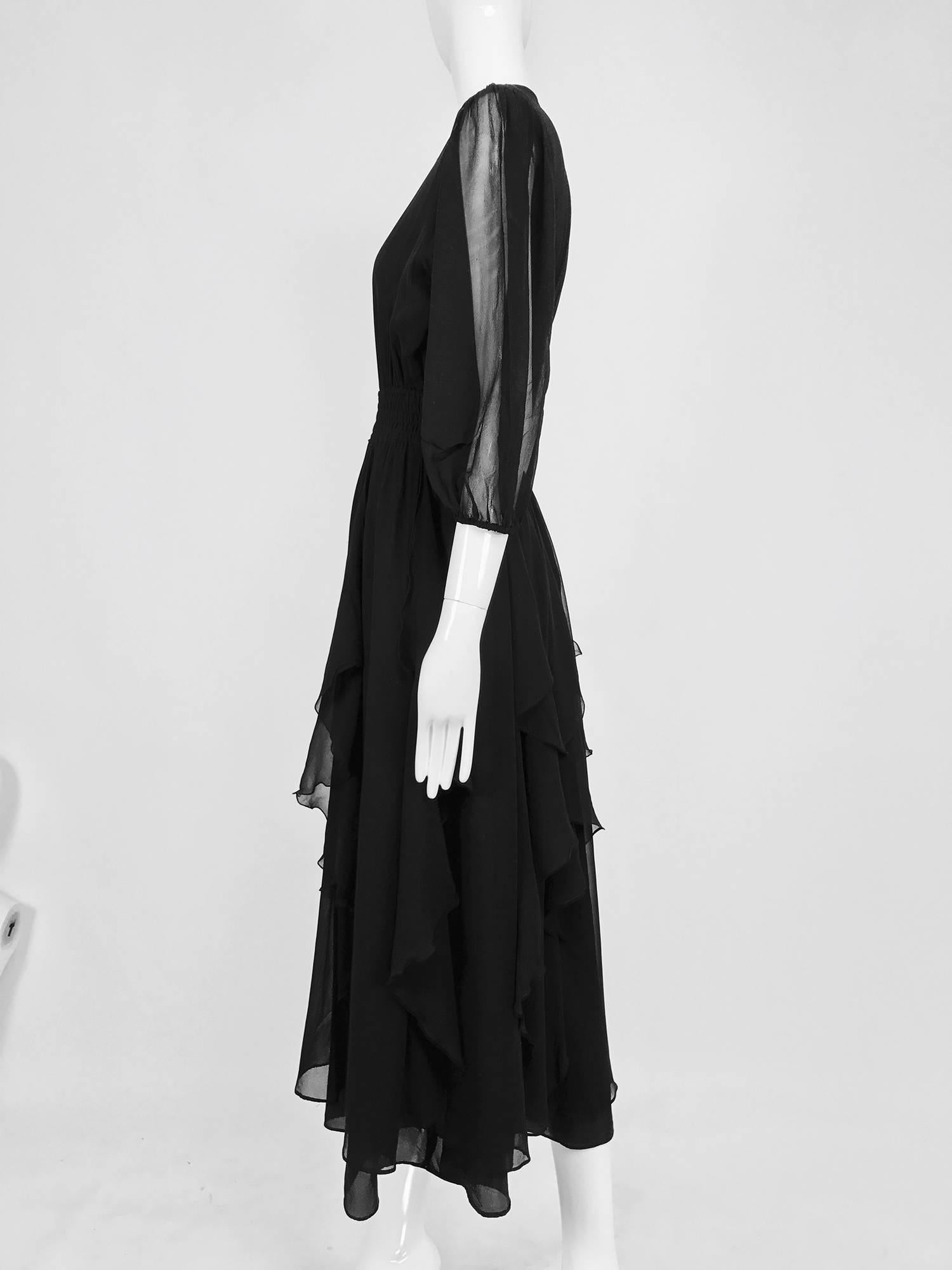 Vintage Diane Fres black silk chiffon ruffle trim v neck dress 1970s 3