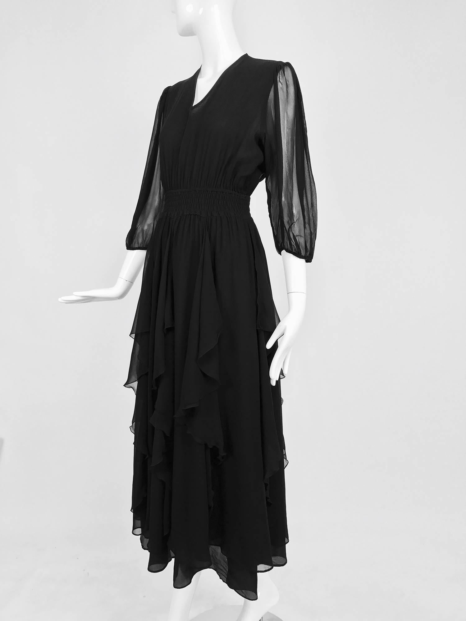 Vintage Diane Fres black silk chiffon ruffle trim v neck dress 1970s 4