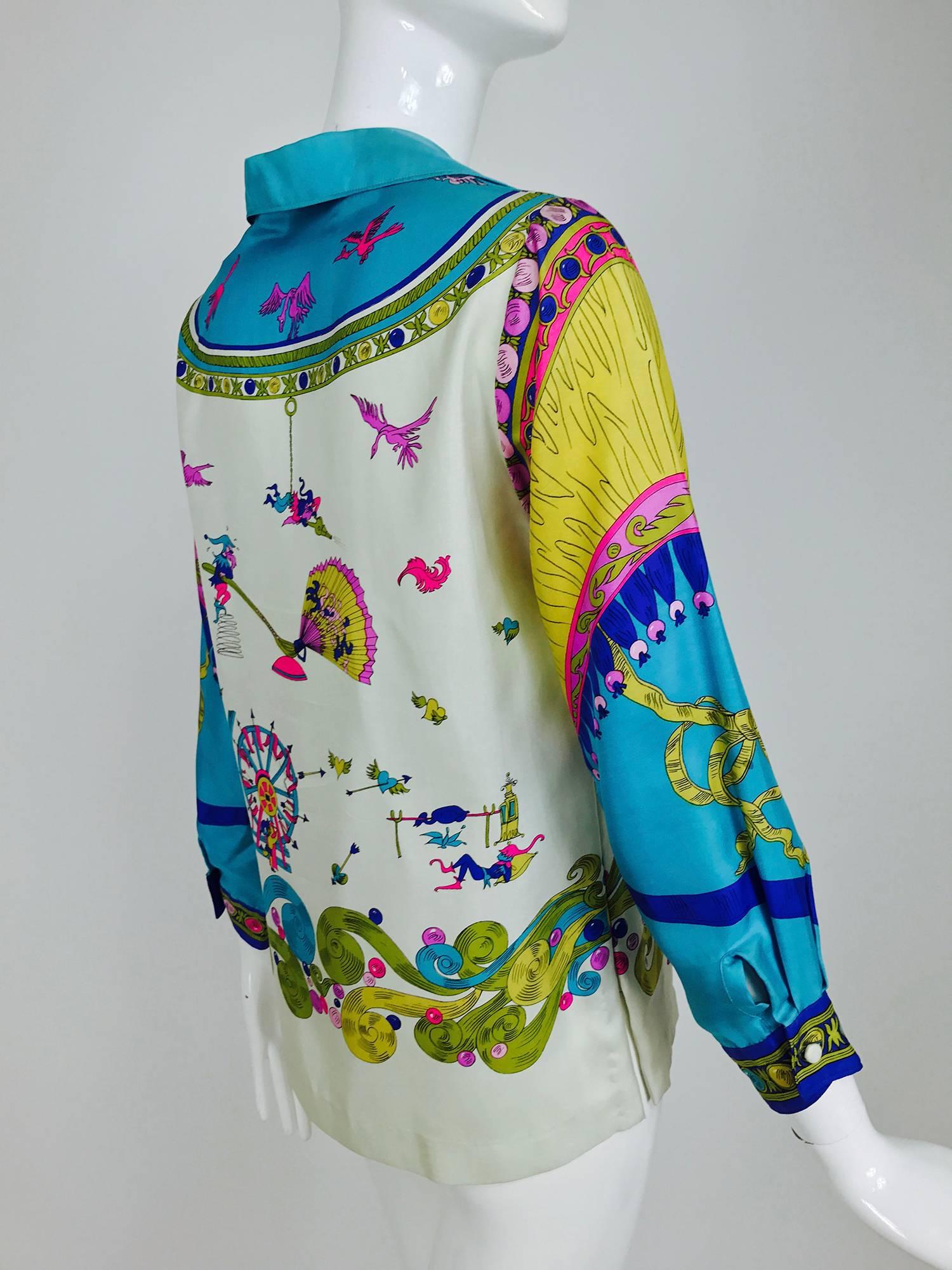 Brown Vintage Oleg Cassini enchanting print silk blouse 1960s 
