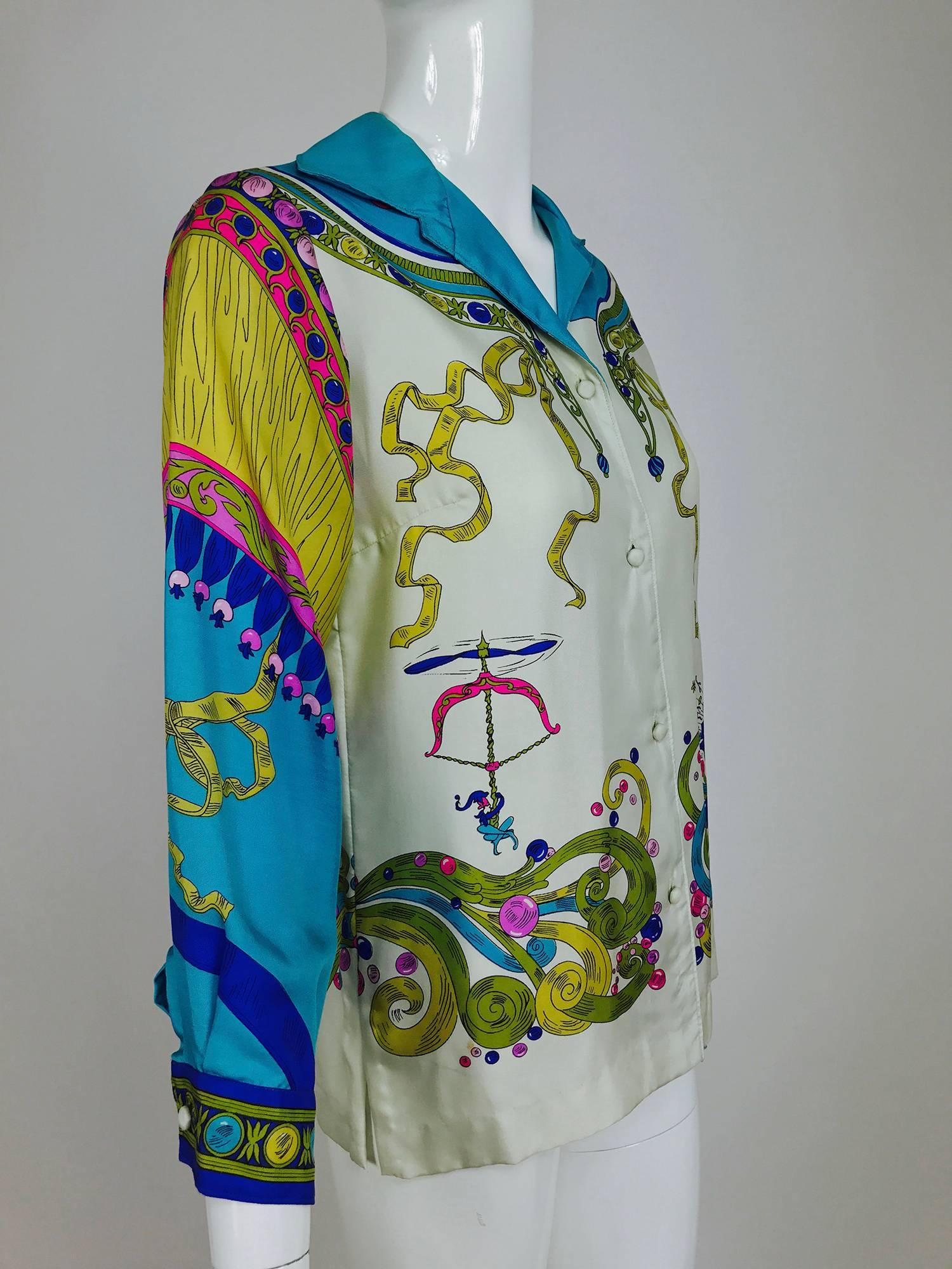 Vintage Oleg Cassini enchanting print silk blouse 1960s  In Good Condition In West Palm Beach, FL