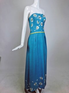 Vintage Philip Hulitar daisy embroidered blue slub silk strapless gown 1950s