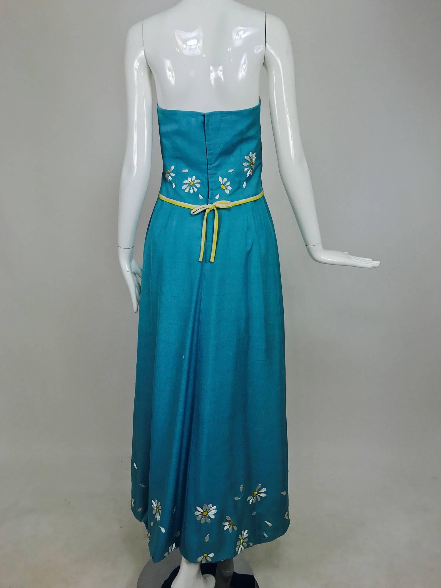 Blue Vintage Philip Hulitar daisy embroidered blue slub silk strapless gown 1950s