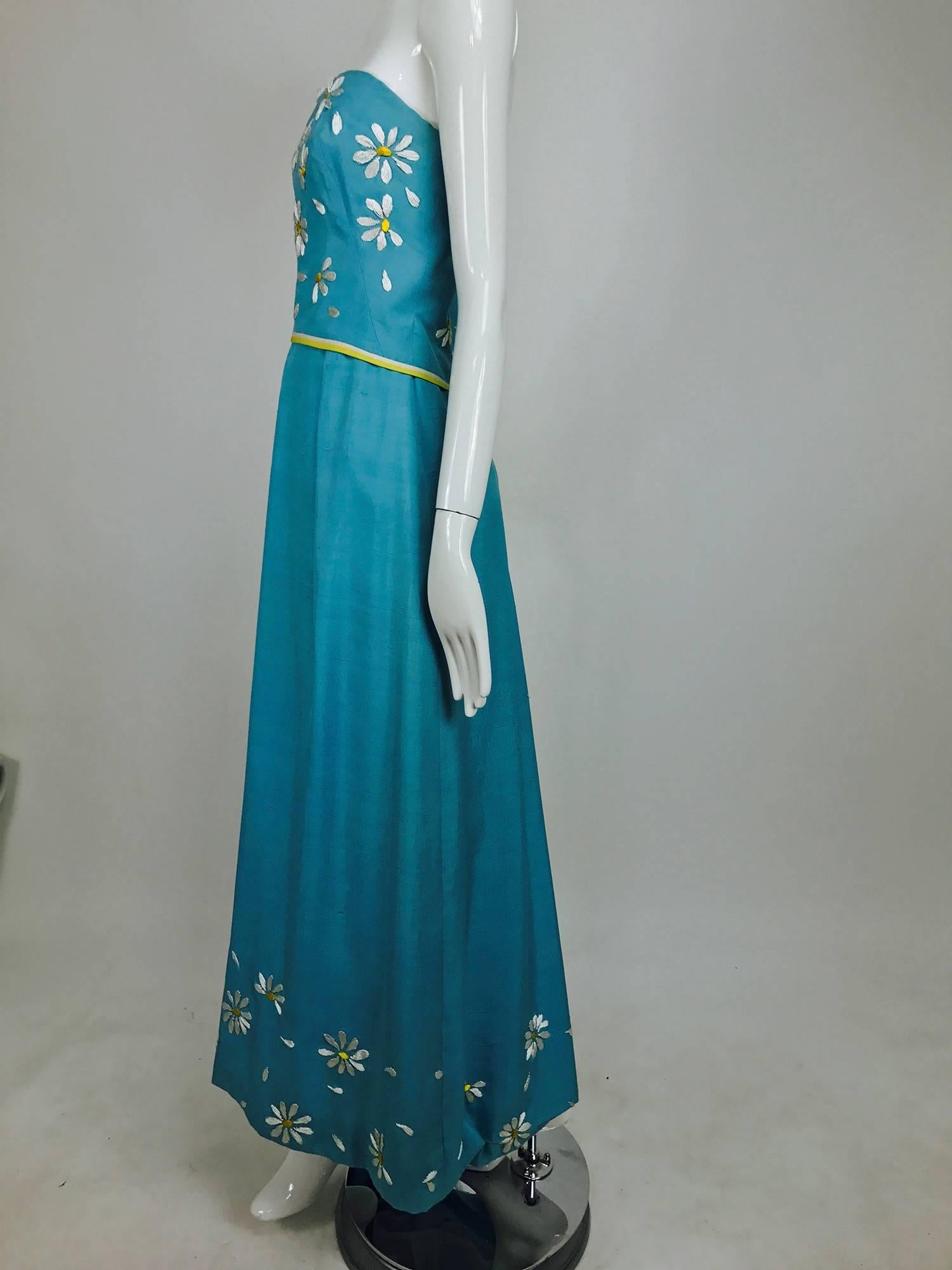 Women's Vintage Philip Hulitar daisy embroidered blue slub silk strapless gown 1950s