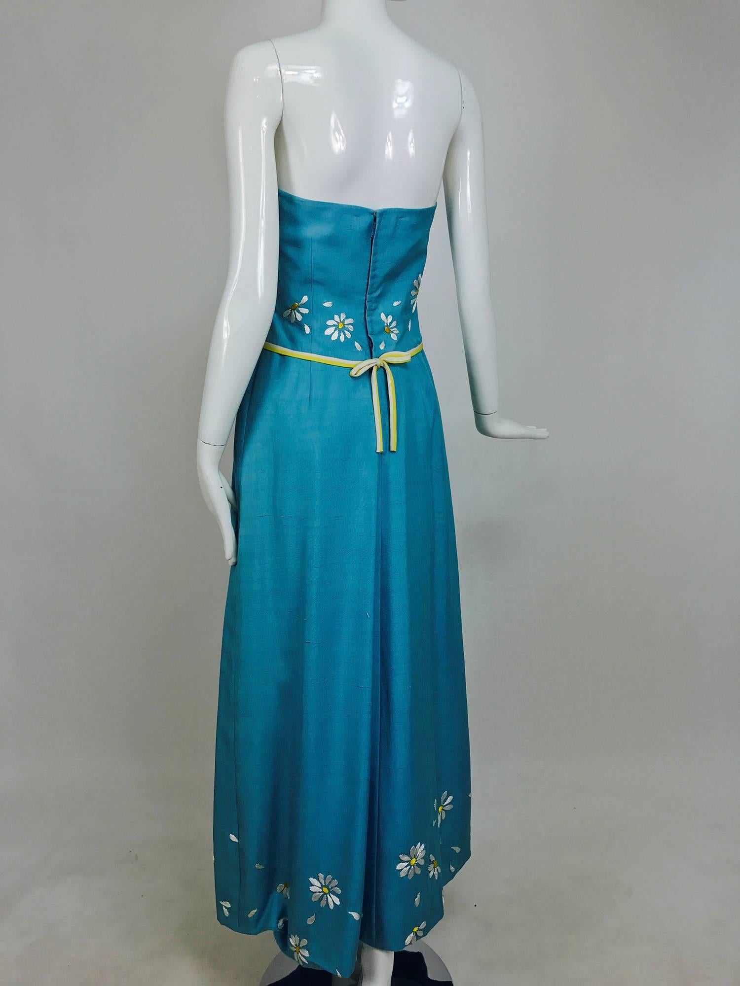 Vintage Philip Hulitar daisy embroidered blue slub silk strapless gown 1950s 1