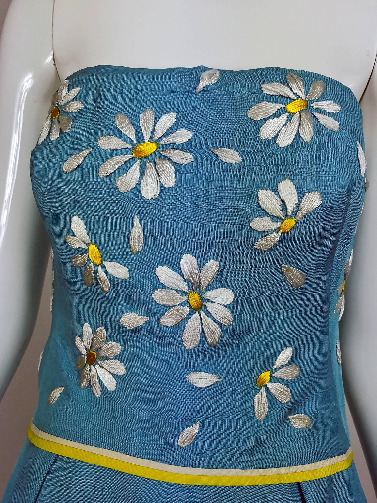 Vintage Philip Hulitar daisy embroidered blue slub silk strapless gown 1950s 2