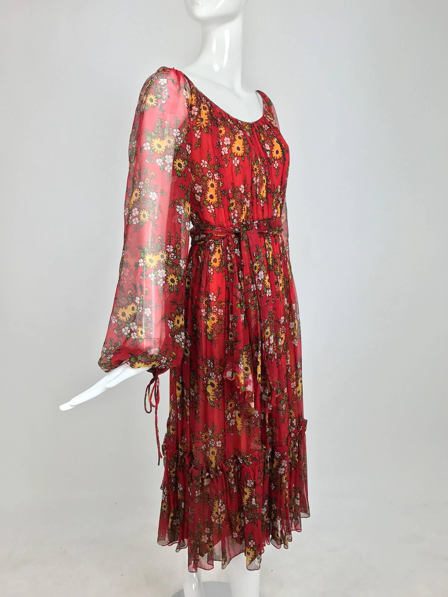 Vintage House of Arts India sheer silk floral print peasant dress 1970s ...