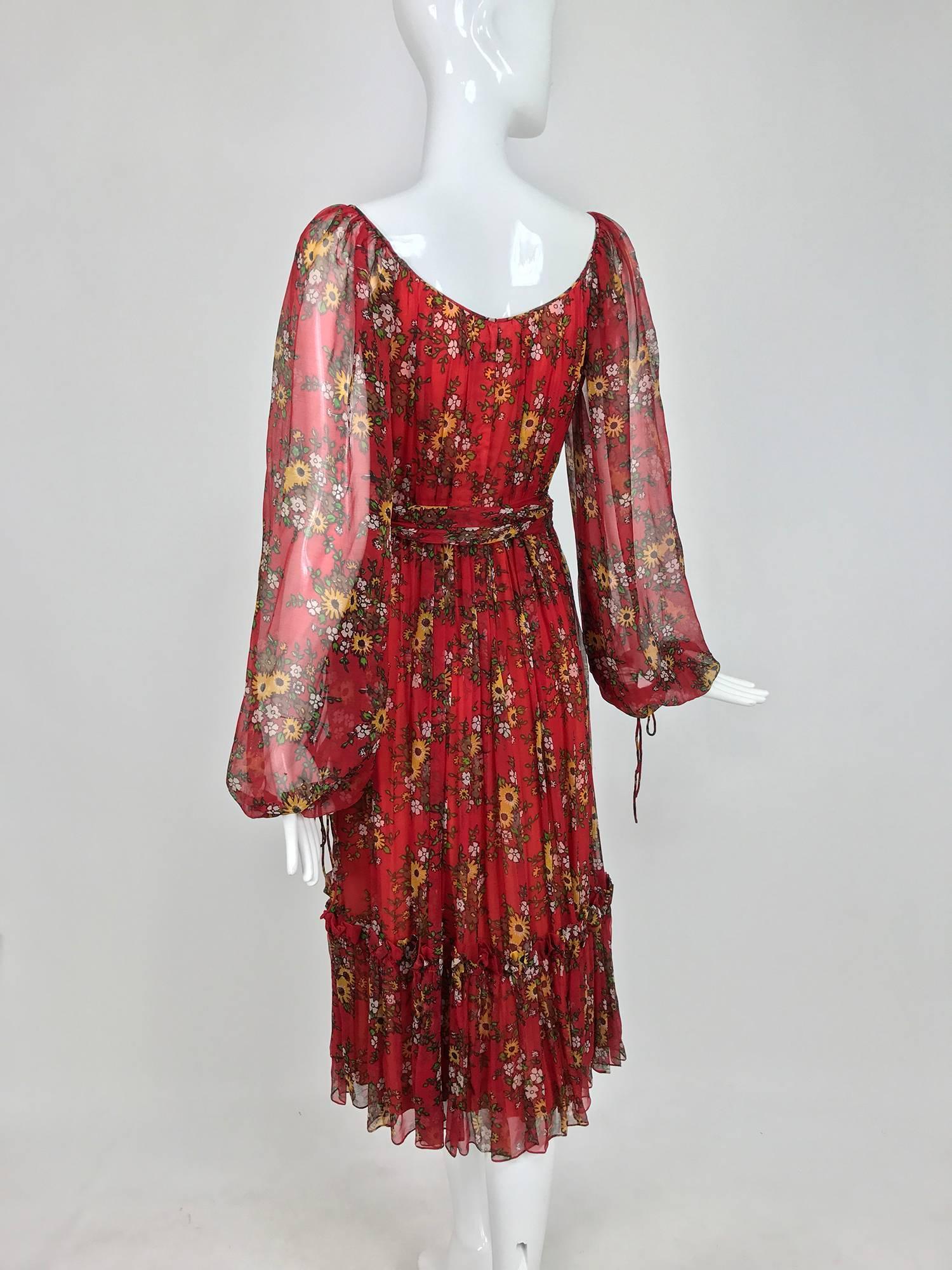 Vintage House of Arts India sheer silk floral print peasant dress 1970s In Good Condition For Sale In West Palm Beach, FL