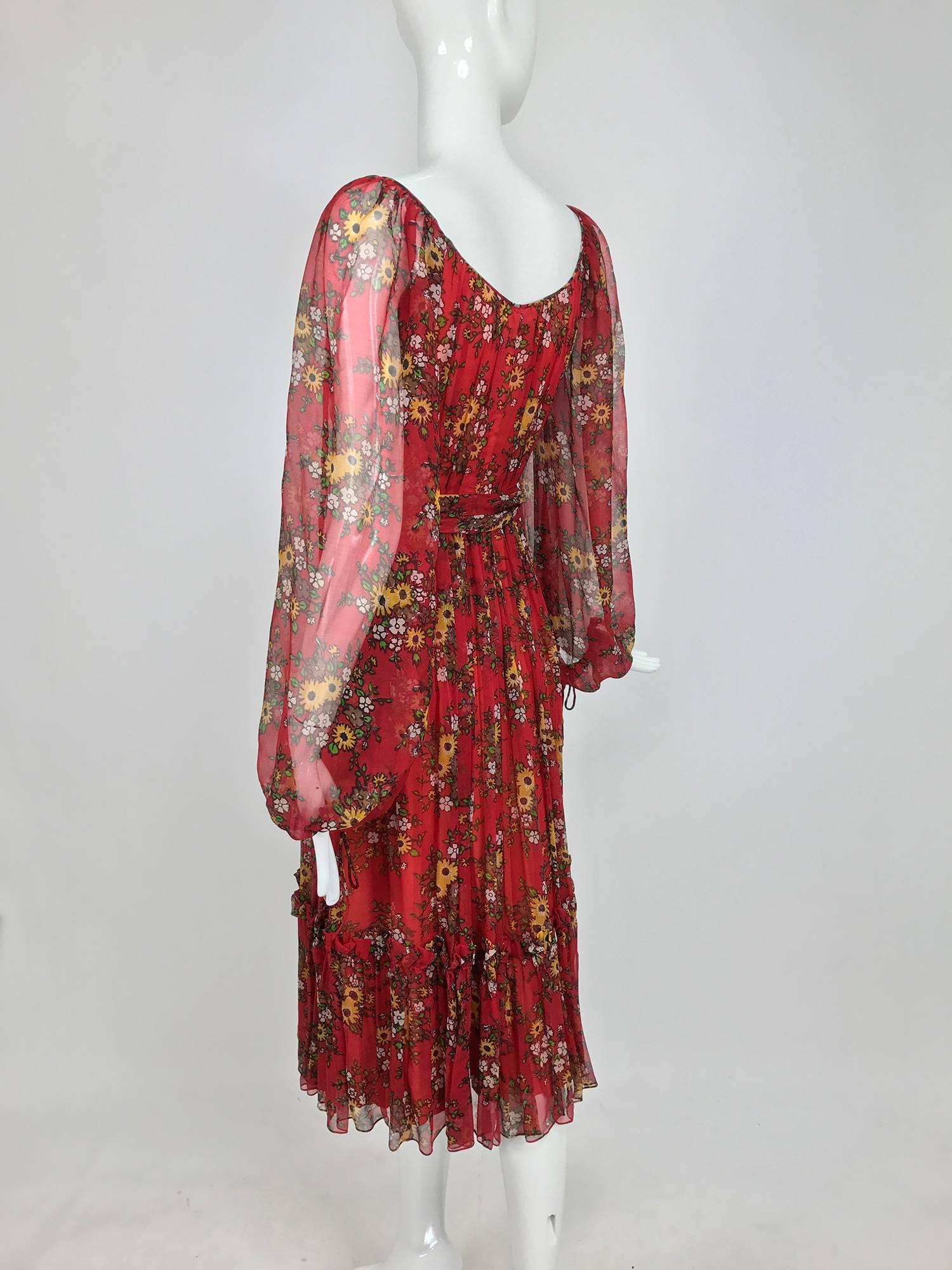 Women's Vintage House of Arts India sheer silk floral print peasant dress 1970s For Sale