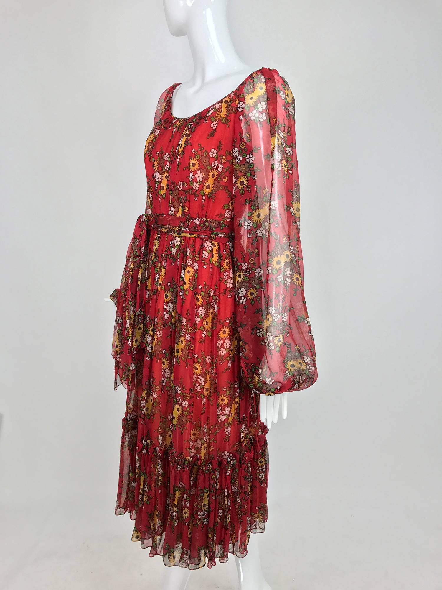 Vintage House of Arts India sheer silk floral print peasant dress 1970s For Sale 1