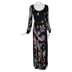 Louis Feraud Paris Vintage Late 1960s Psychedelic Printed Jersey Maxi Dress 40