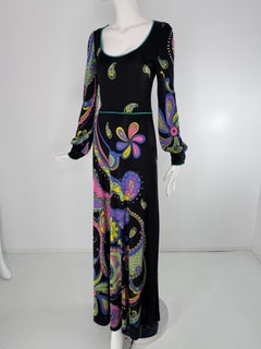 Louis Feraud Paris Vintage Late 1960s Psychedelic Printed Jersey Maxi Dress 40
