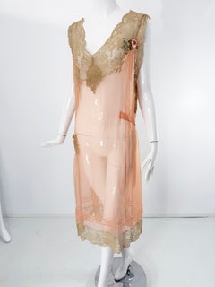 1920s Sheer Peach Pink Silk with Gold Chantilly Lace Night Dress Silk Rosettes