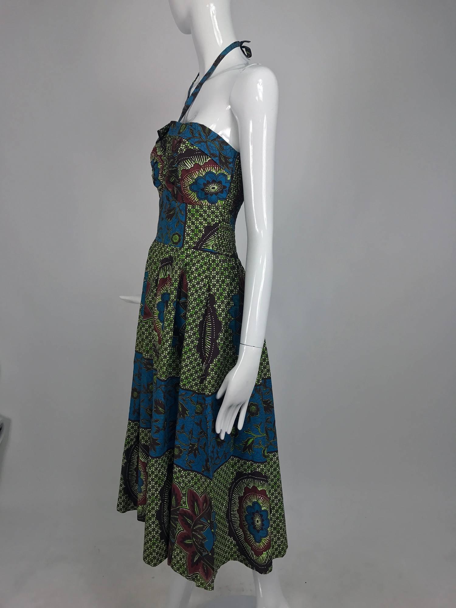 Black Vintage Miss Hawaii by Kamehameha batik print halter neck dress 1950s