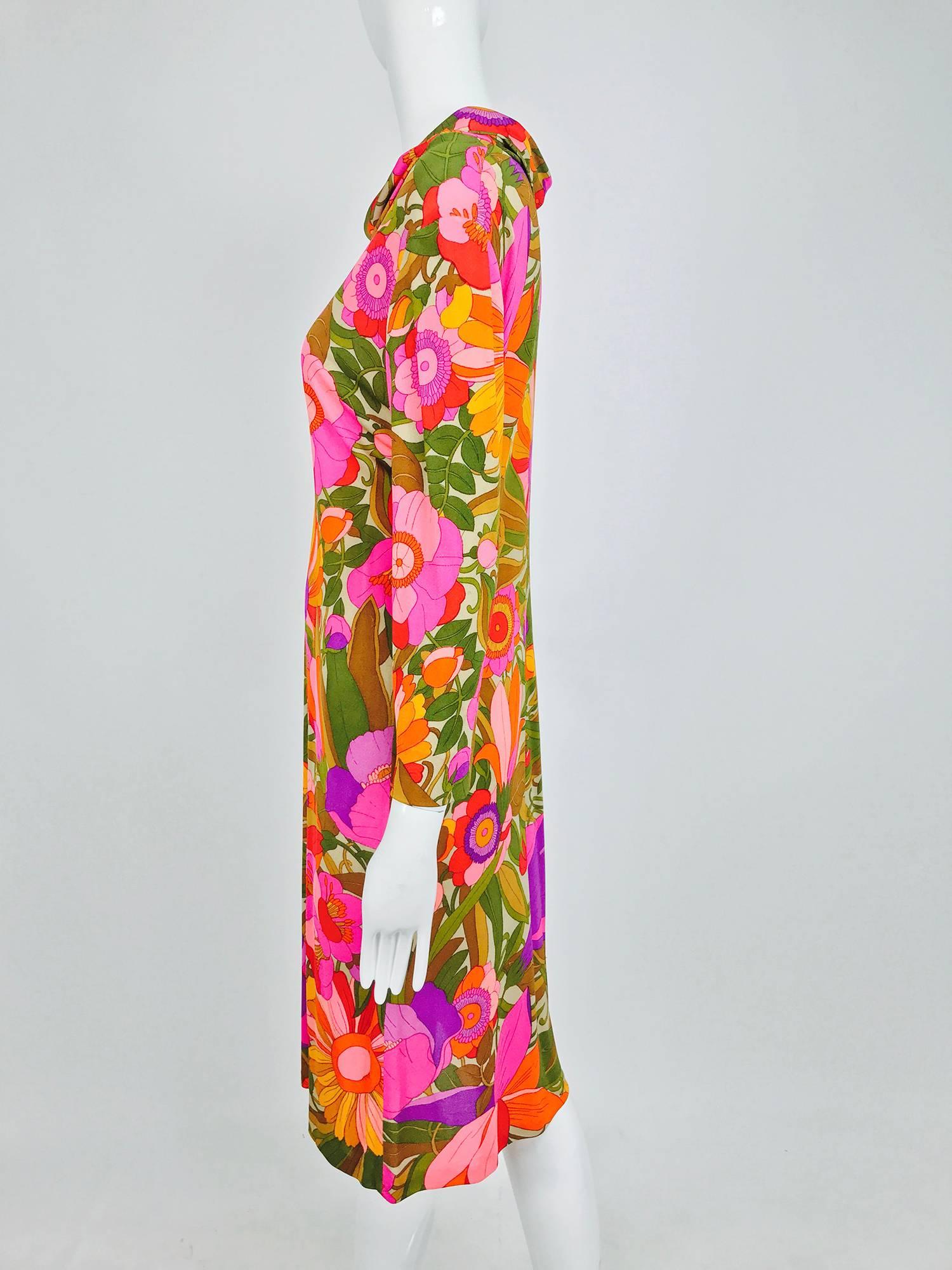 Brown Vintage Leonard Paris fantasy floral silk jersey cowl neck dress 1970s