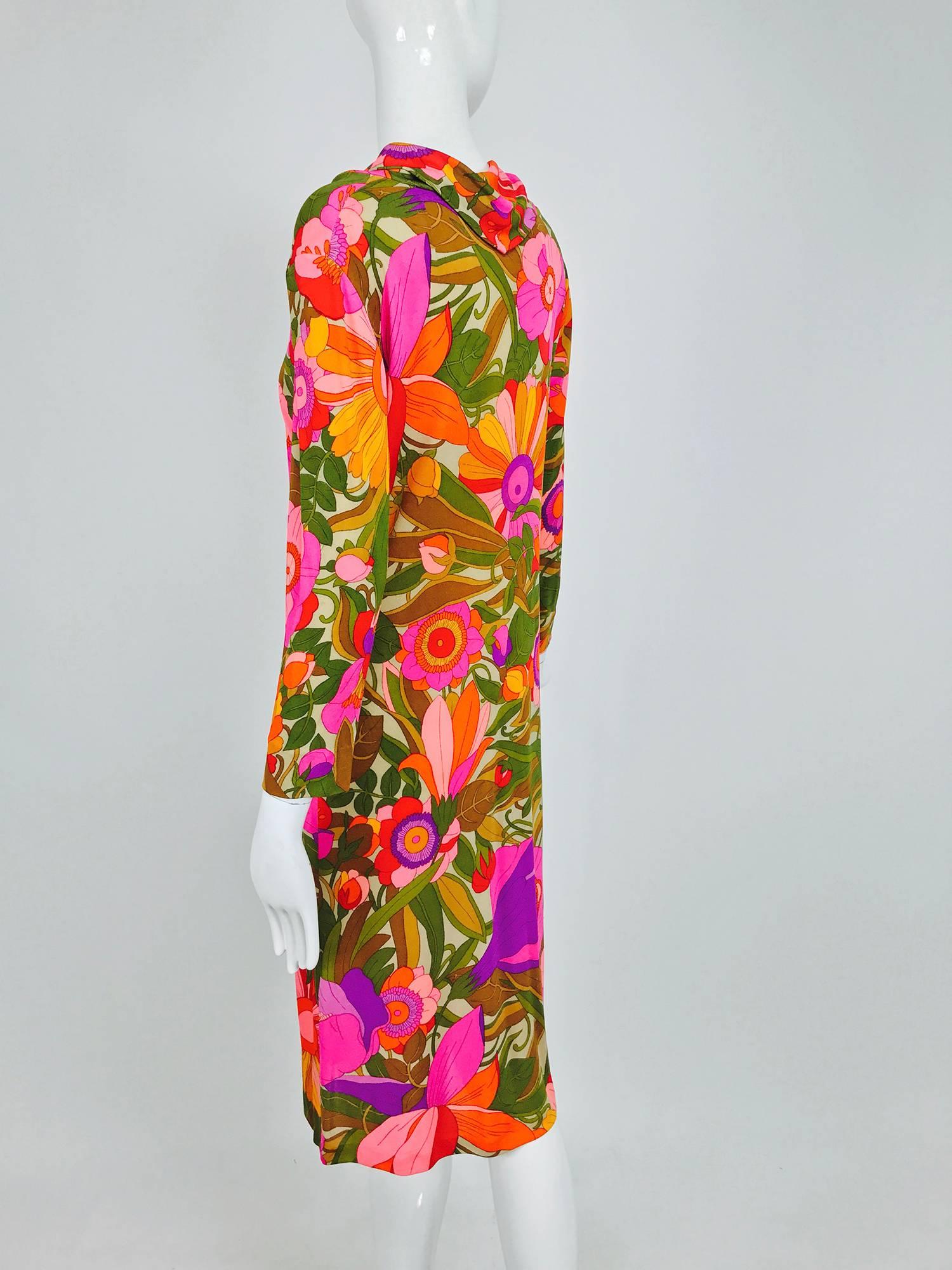 Vintage Leonard Paris fantasy floral silk jersey cowl neck dress 1970s In Excellent Condition In West Palm Beach, FL