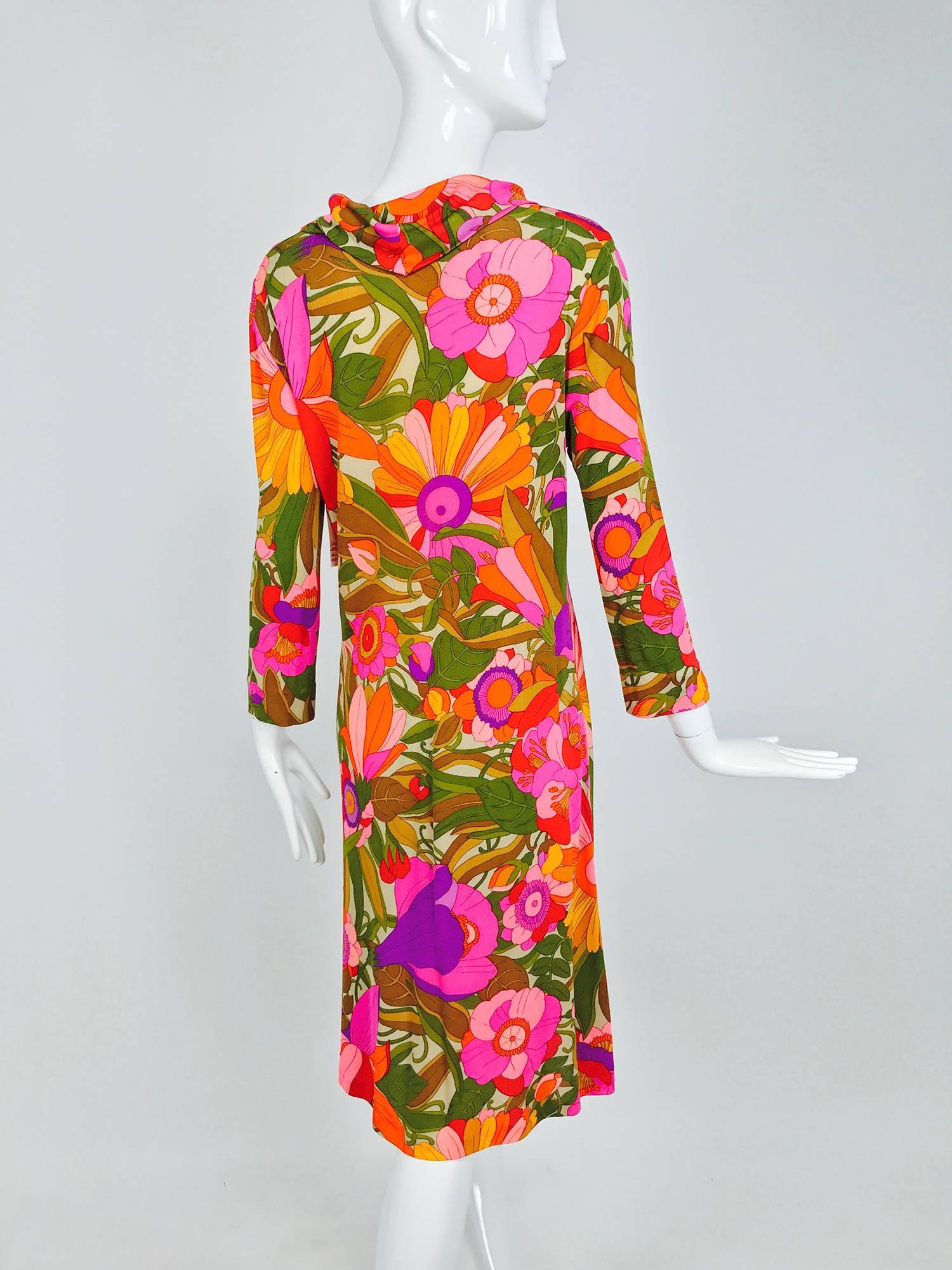 Vintage Leonard Paris fantasy floral silk jersey cowl neck dress 1970s 1