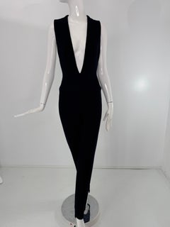 Donna Karan Black Knit Plunging Stretch Stirrup Pant Jumpsuit 1980s Medium