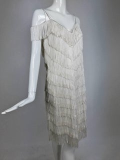 Vintage Joy Stevens off white V fringe cocktail dress 1970s