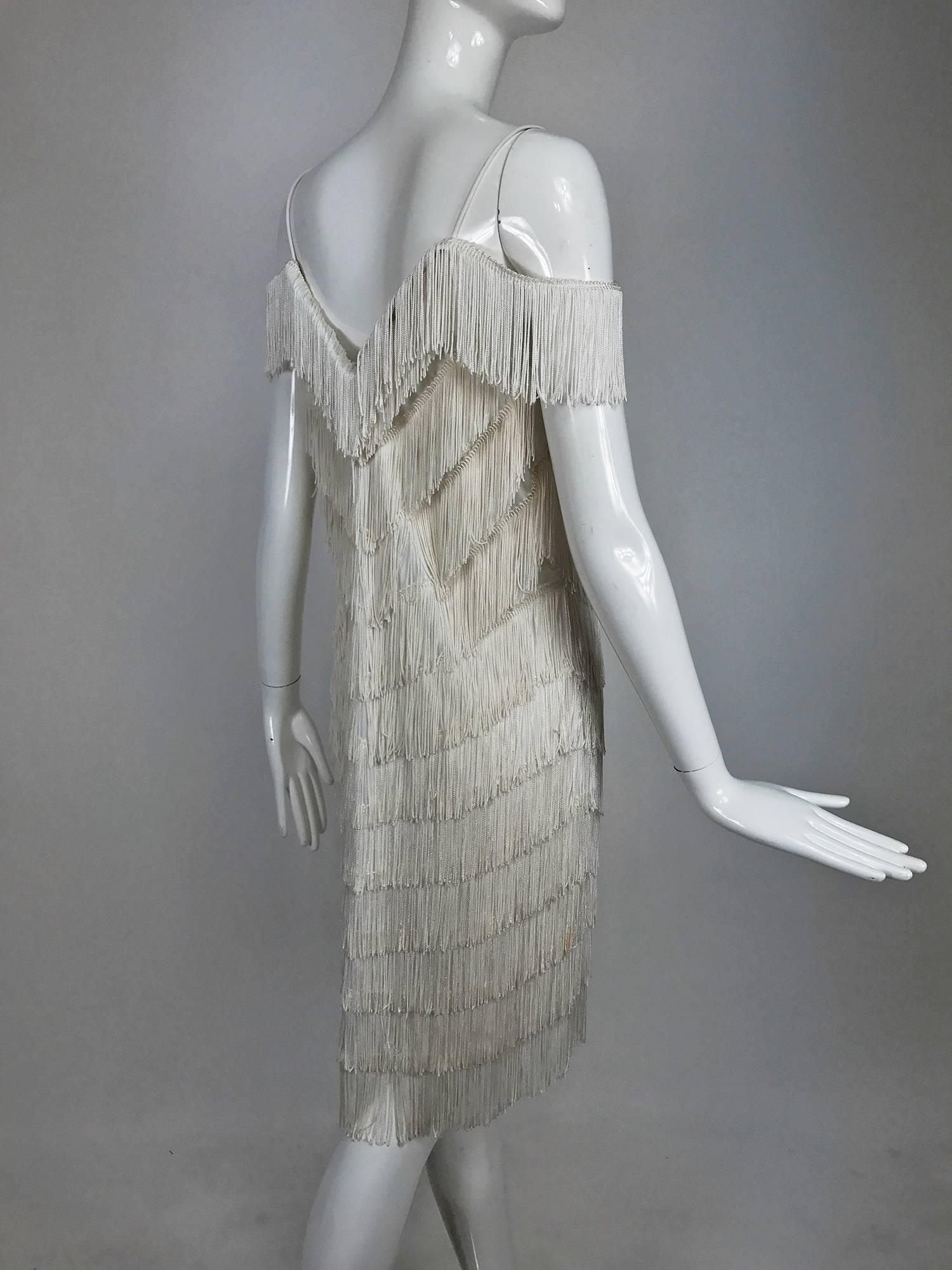 Gray Vintage Joy Stevens off white V fringe cocktail dress 1970s
