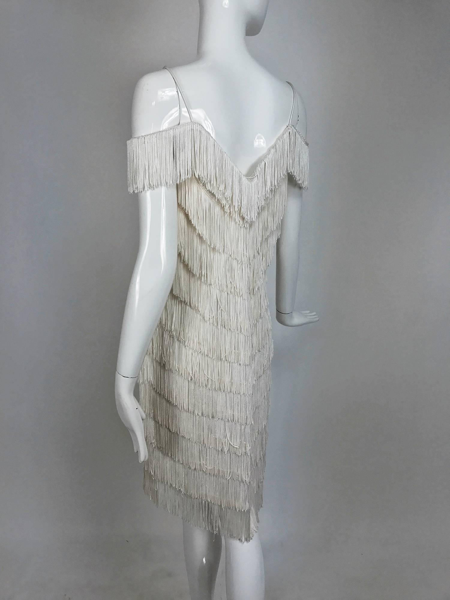 Women's Vintage Joy Stevens off white V fringe cocktail dress 1970s