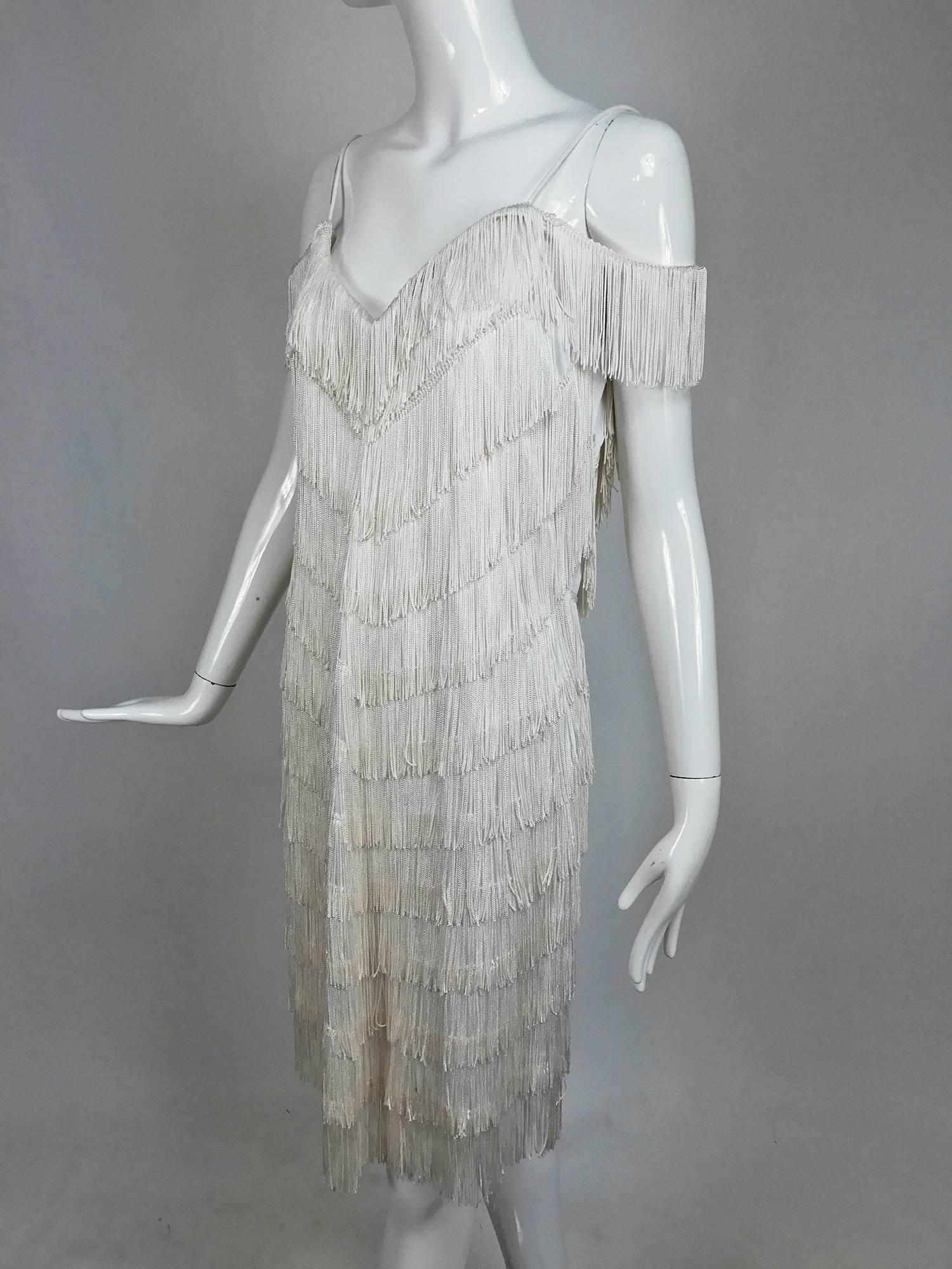 Vintage Joy Stevens off white V fringe cocktail dress 1970s 1